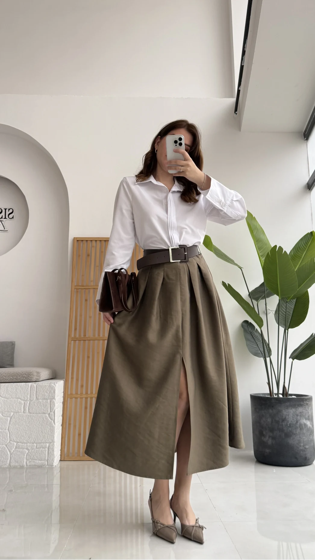 Fancy Kemerli Yırtmaçlı Midi Etek - Haki