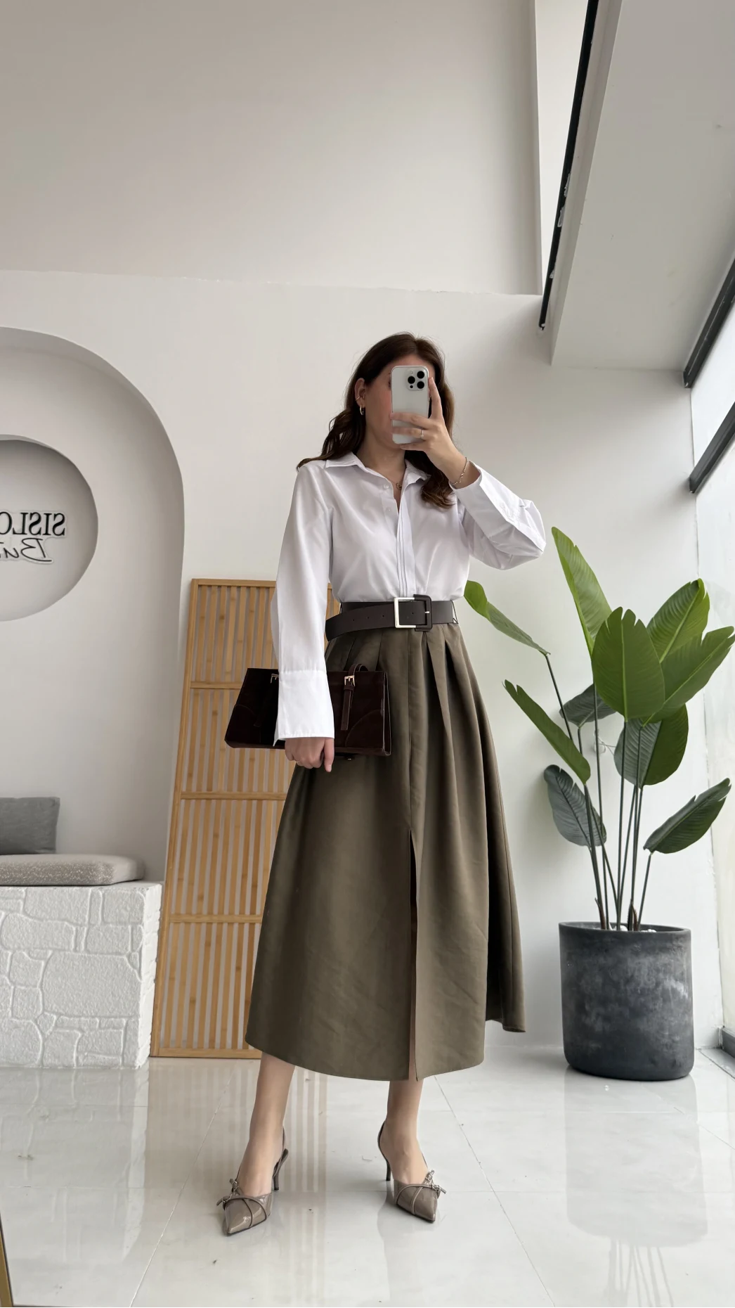 Fancy Kemerli Yırtmaçlı Midi Etek - Haki