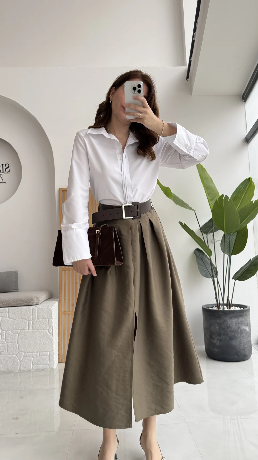 Fancy Kemerli Yırtmaçlı Midi Etek - Haki