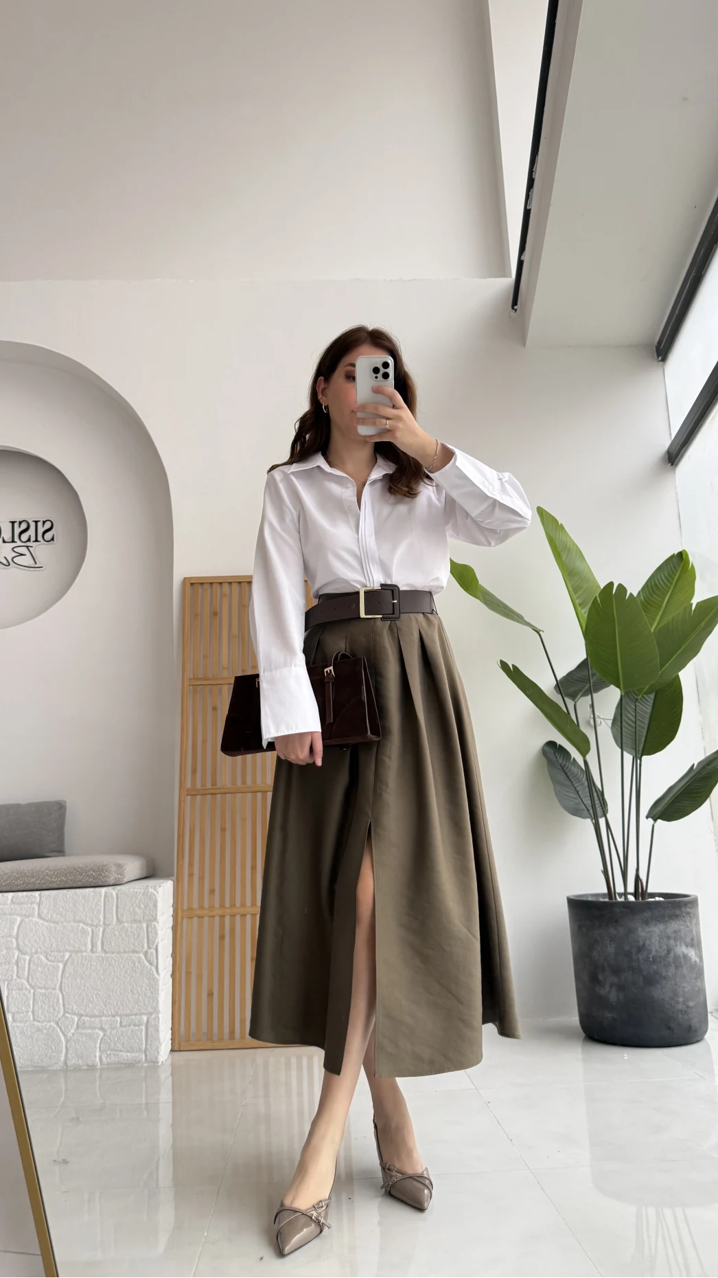 Fancy Kemerli Yırtmaçlı Midi Etek - Haki