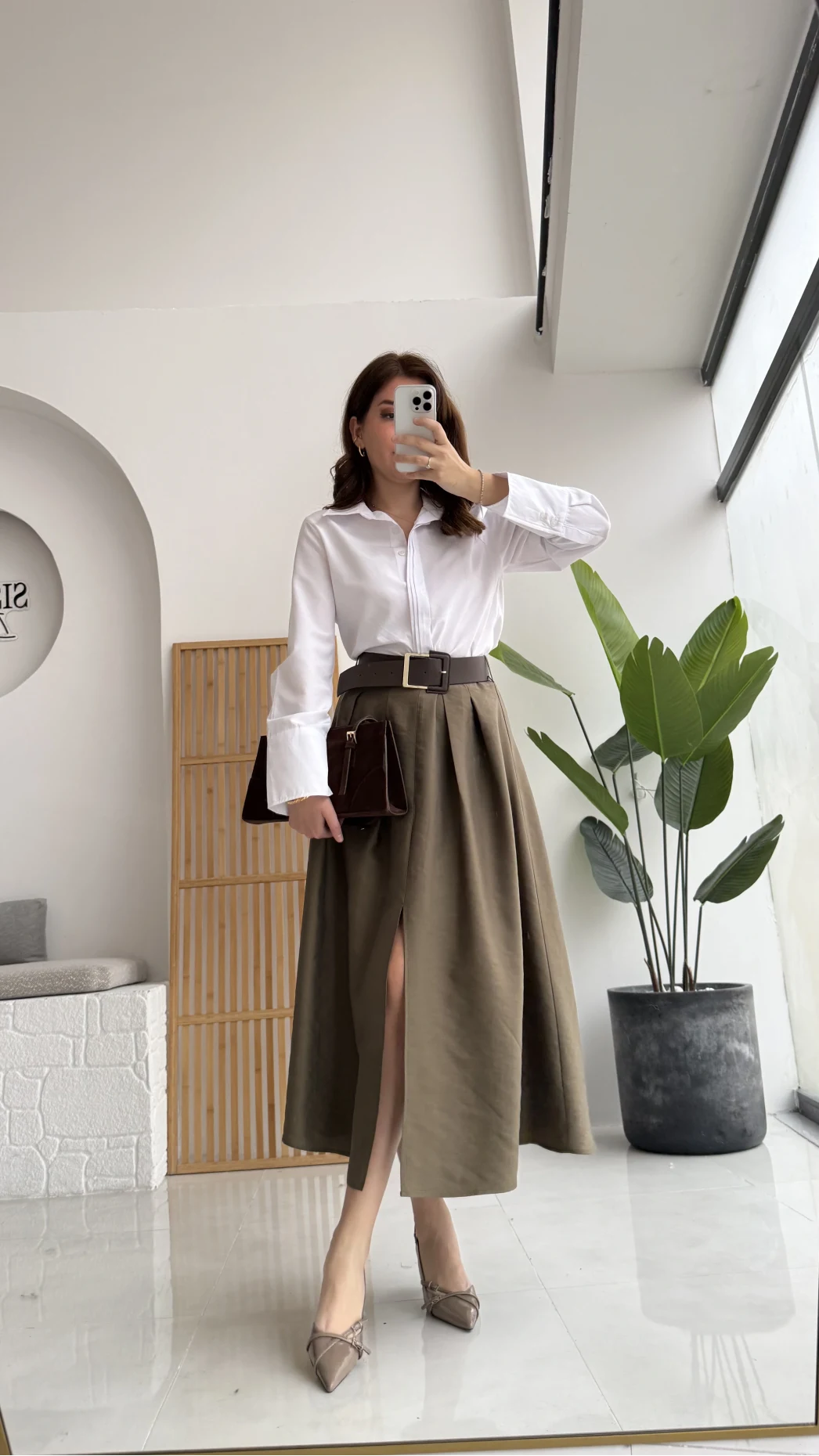 Fancy Kemerli Yırtmaçlı Midi Etek - Haki