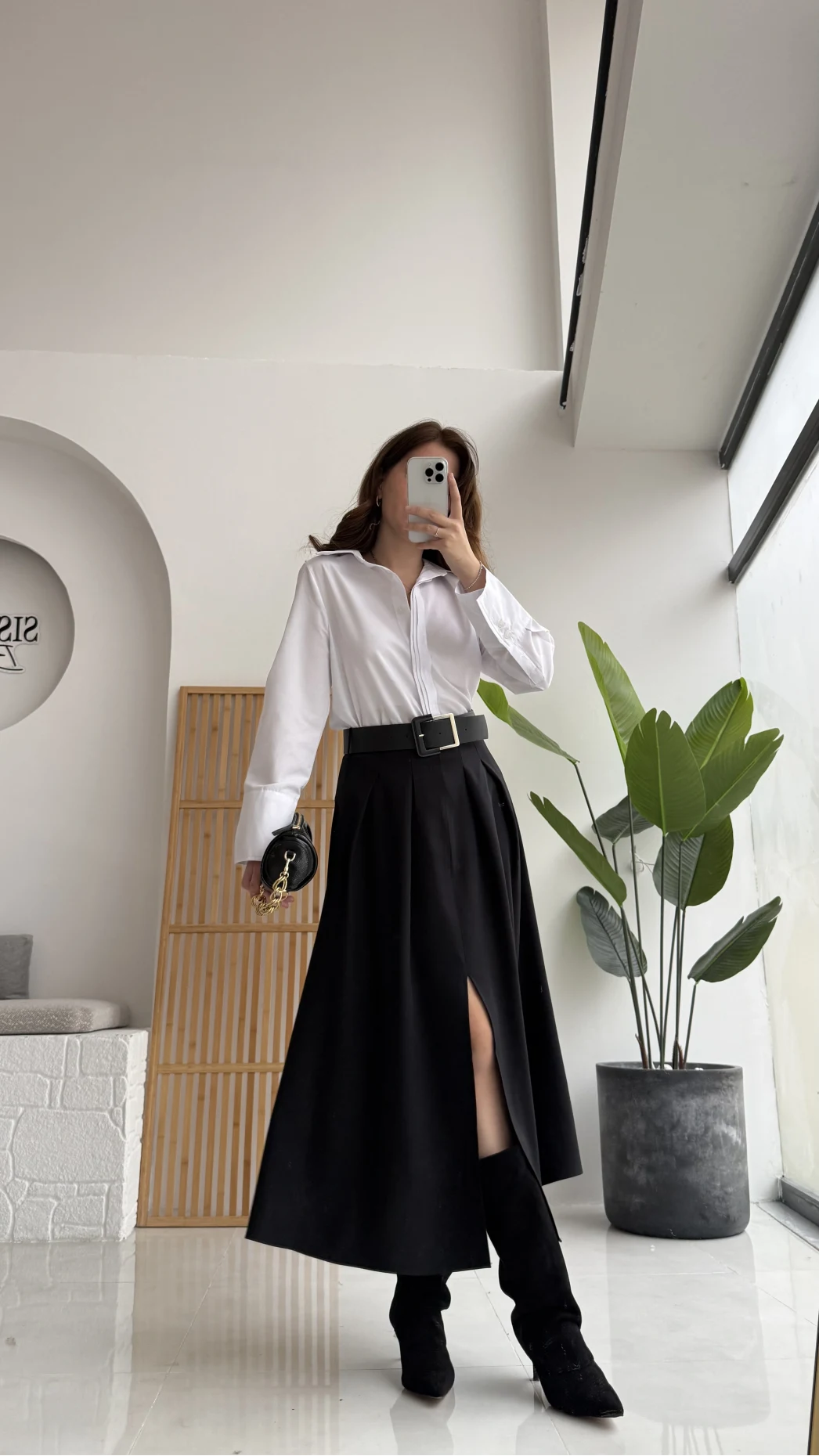 Fancy Kemerli Yırtmaçlı Midi Etek - Siyah