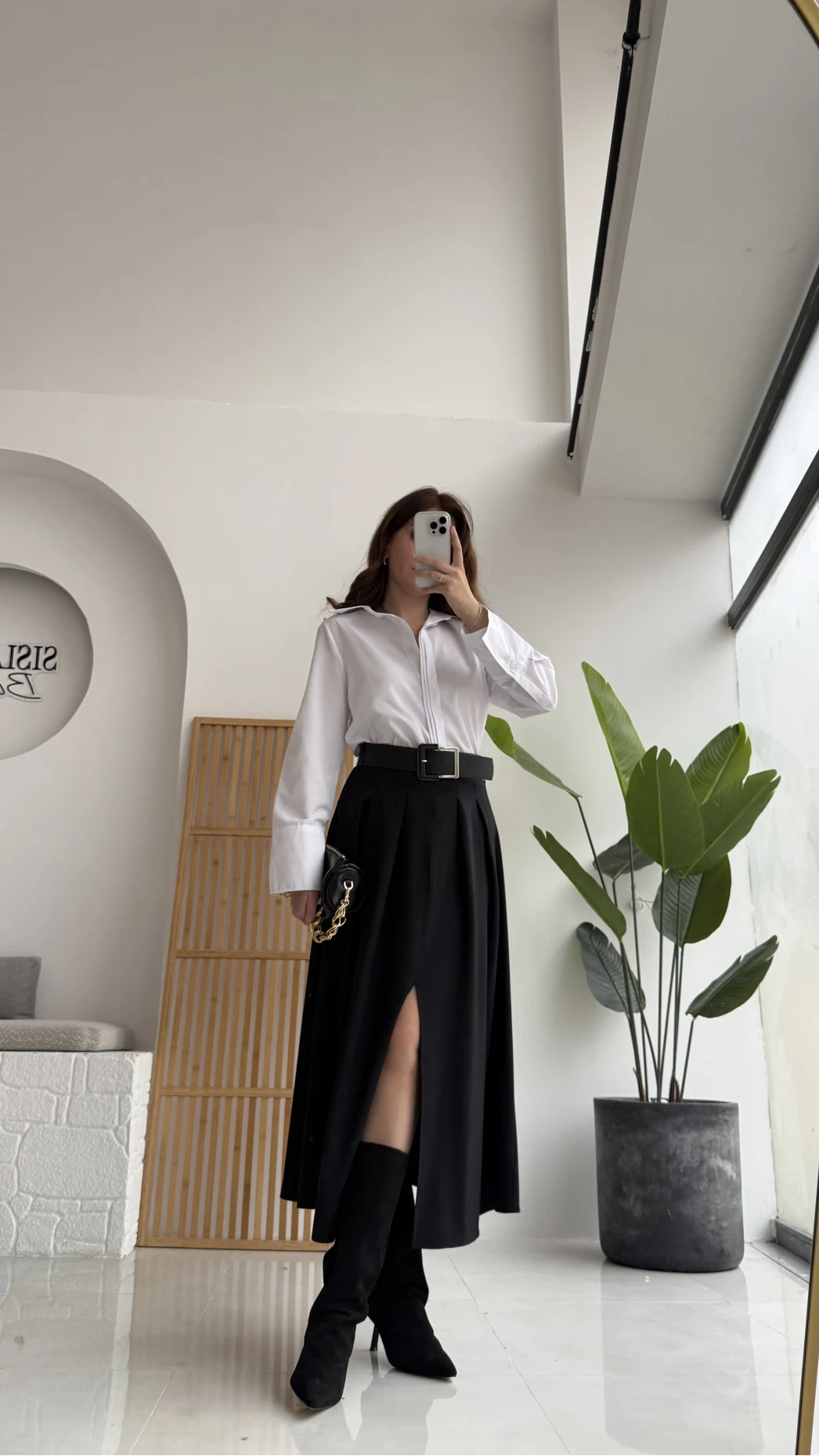 Fancy Kemerli Yırtmaçlı Midi Etek - Siyah