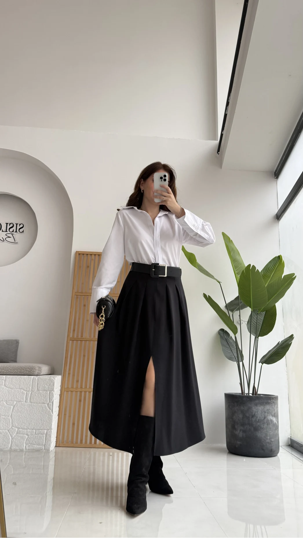 Fancy Kemerli Yırtmaçlı Midi Etek - Siyah