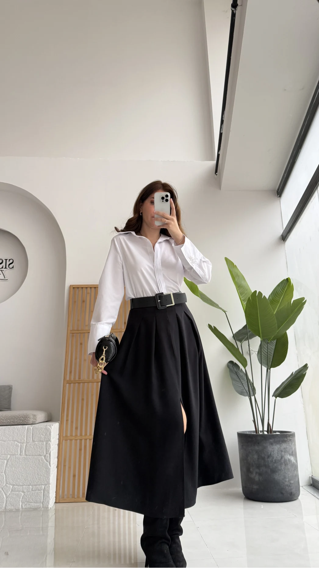 Fancy Kemerli Yırtmaçlı Midi Etek - Siyah