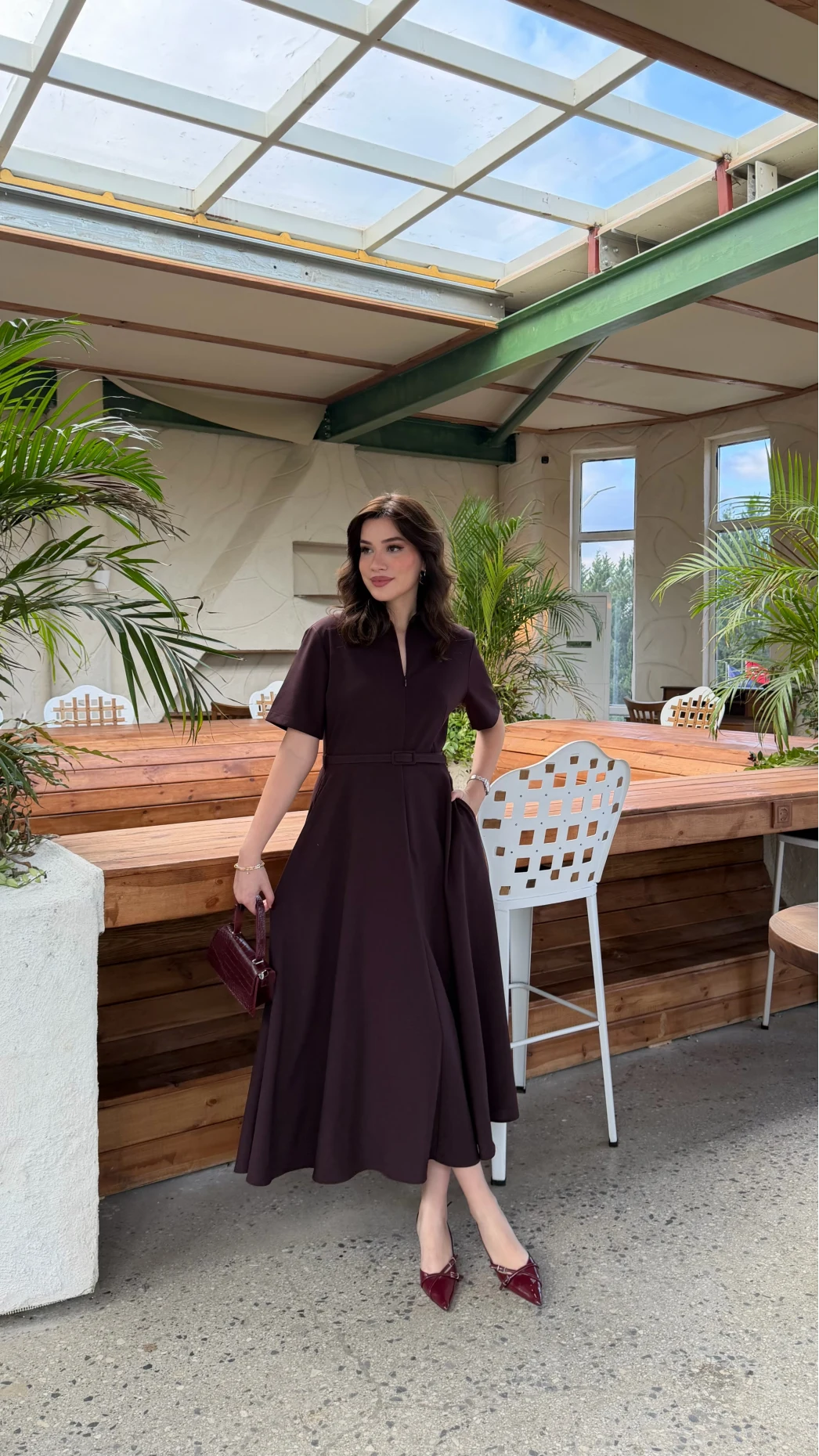 Sia Kısa Kol Kemerli Elbise - Mürdüm - Kod: 2341