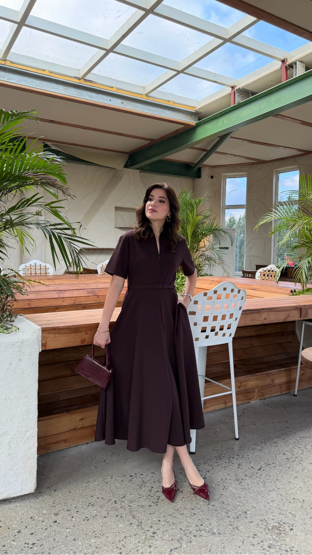 Sia Kısa Kol Kemerli Elbise - Mürdüm - Kod: 2341