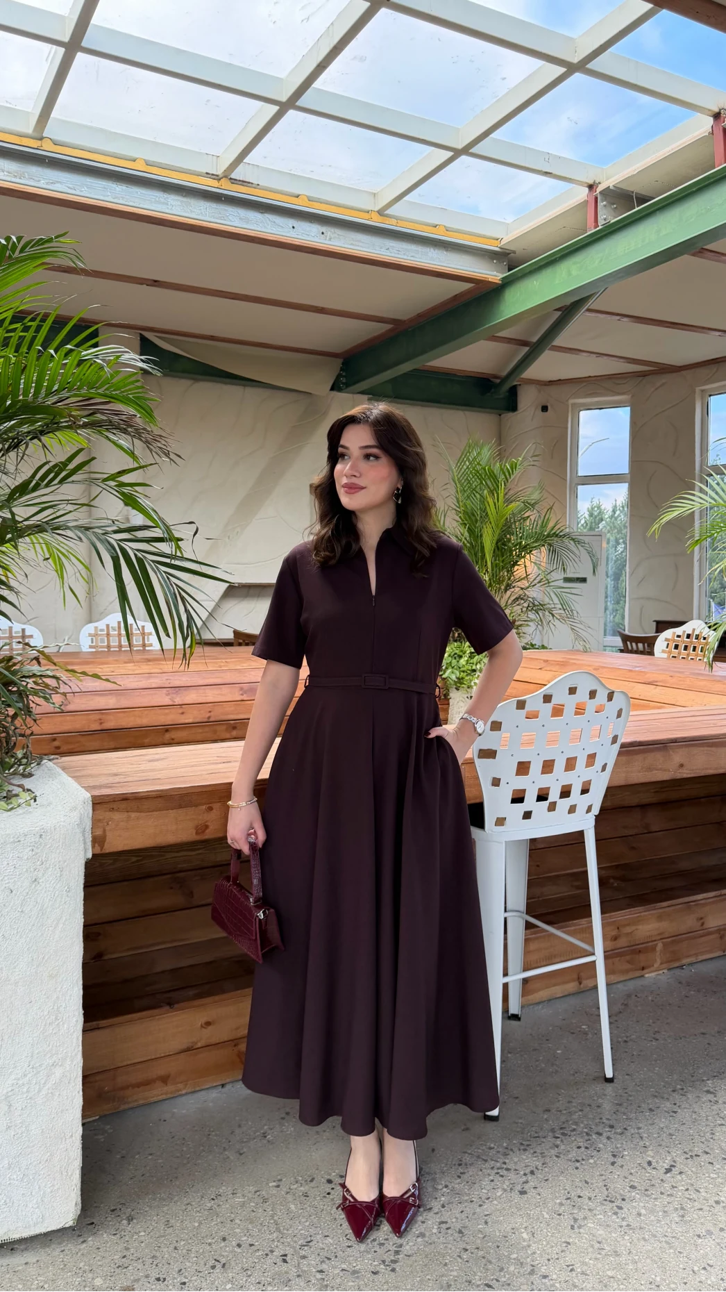 Sia Kısa Kol Kemerli Elbise - Mürdüm - Kod: 2341