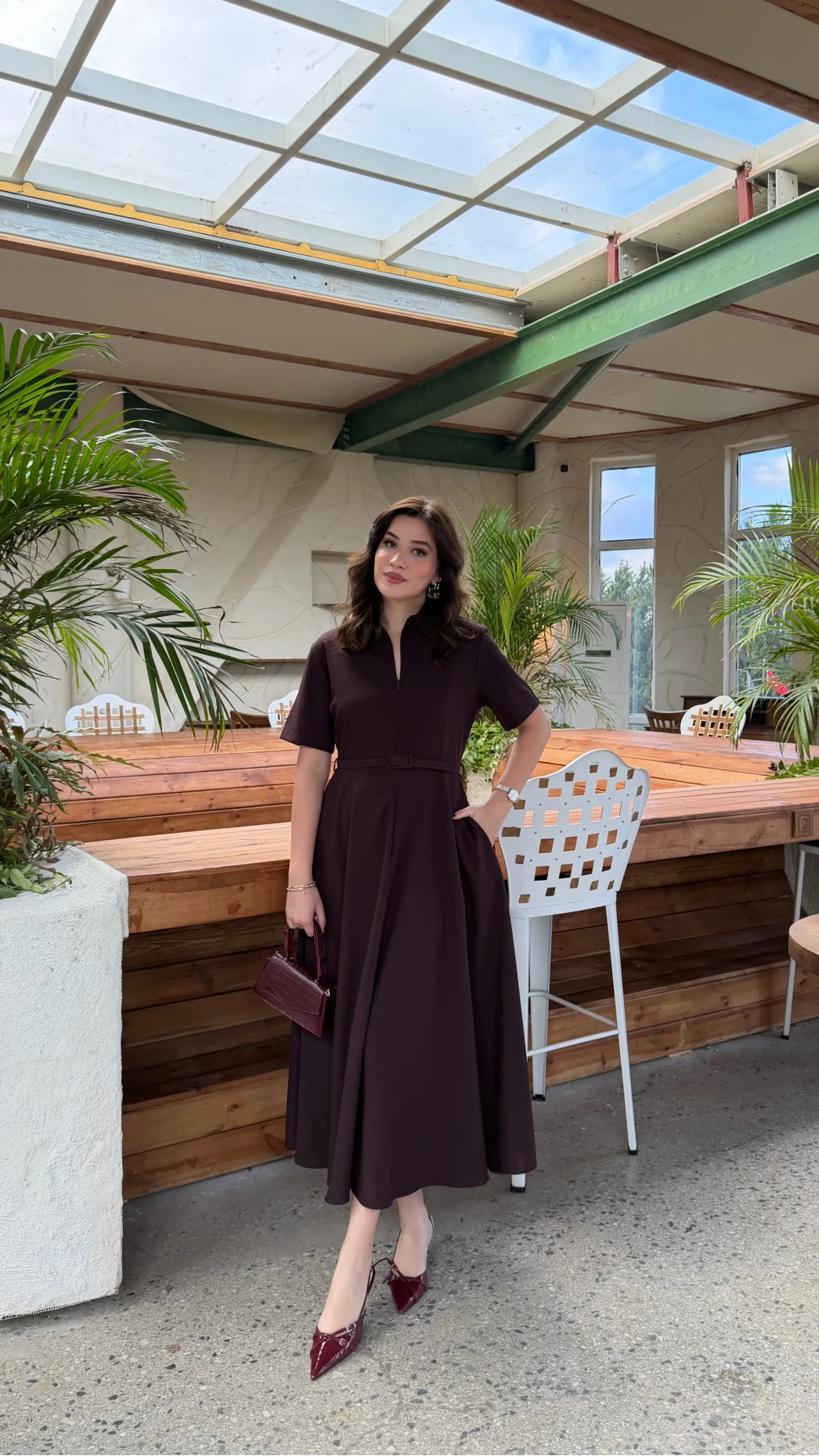 Sia Kısa Kol Kemerli Elbise - Mürdüm - Kod: 2341