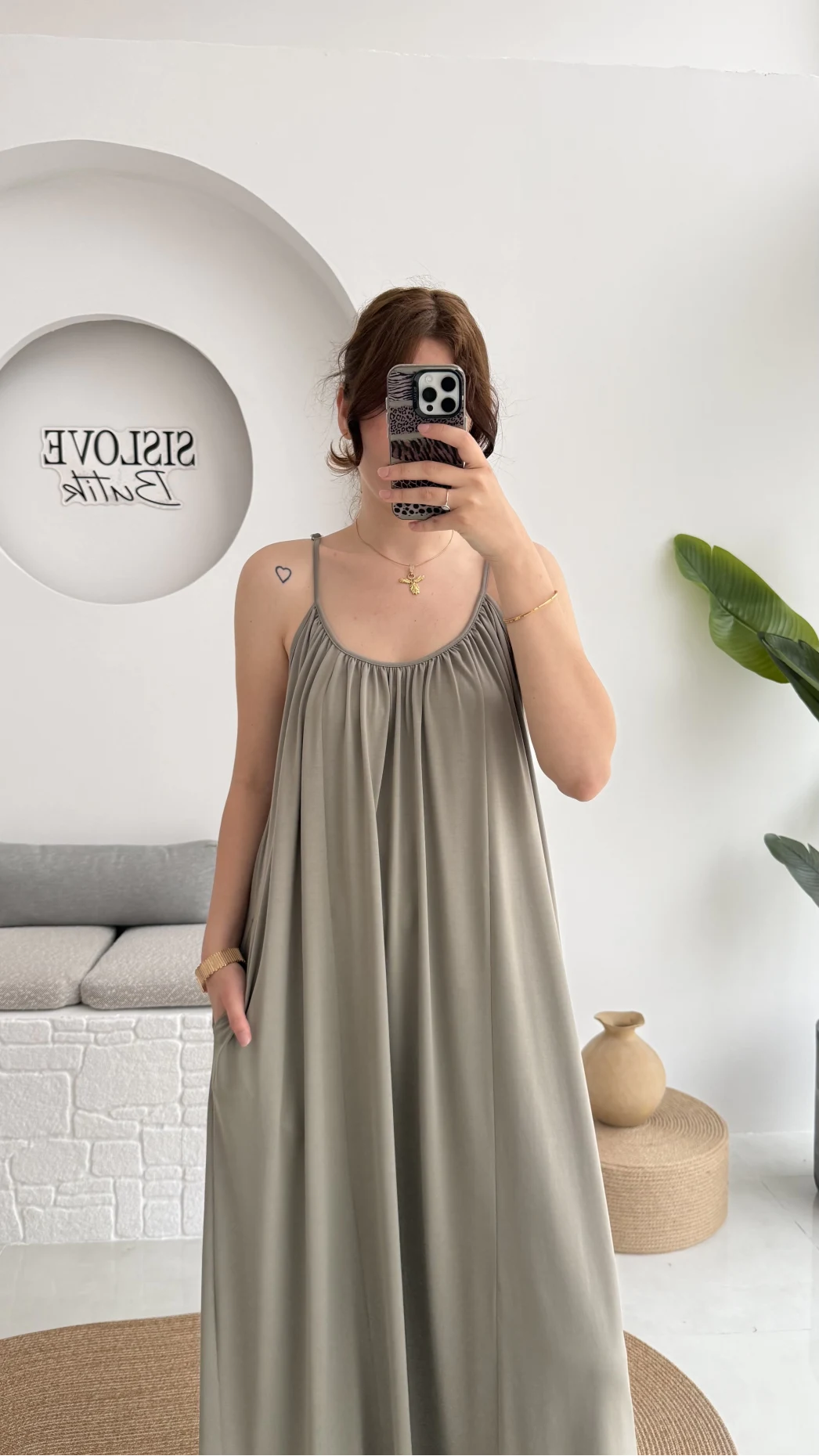 Fast Dökümlü Modal Elbise - Haki - 3224