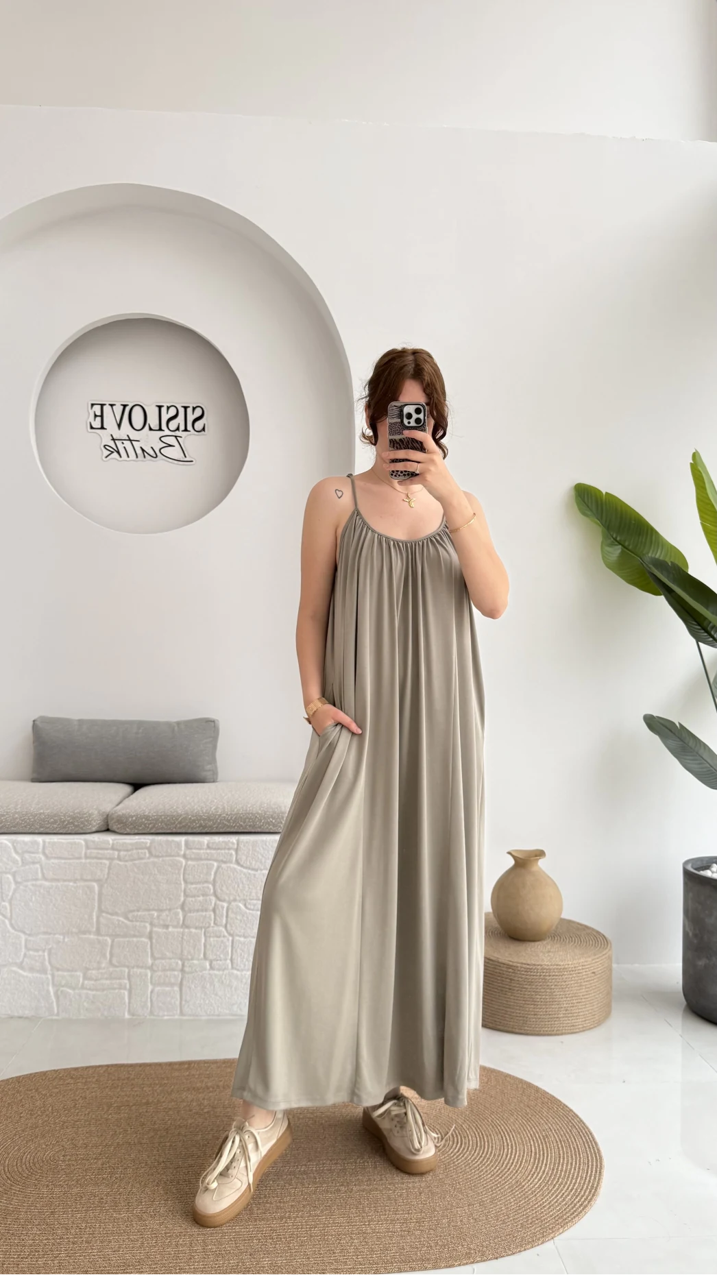 Fast Dökümlü Modal Elbise - Haki - 3224