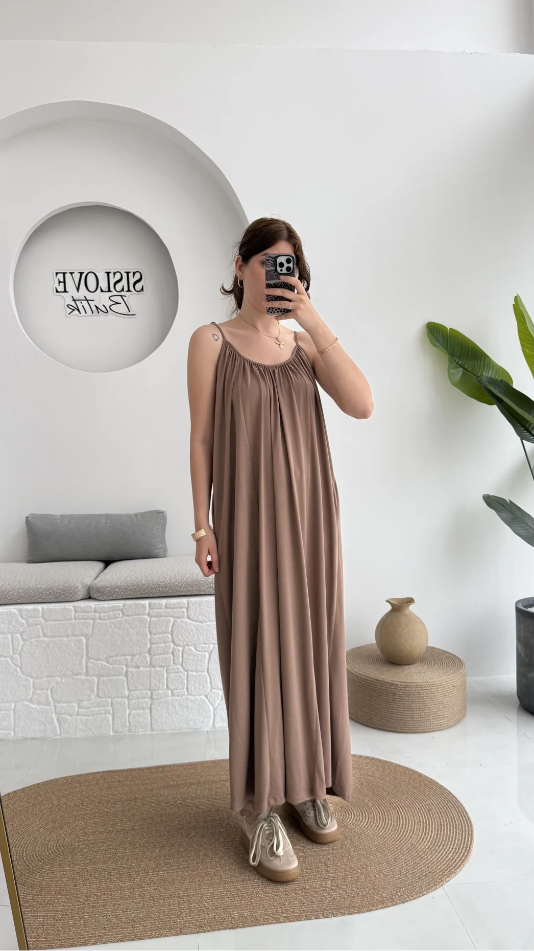 Fast Dökümlü Modal Elbise - Kahve - 3224