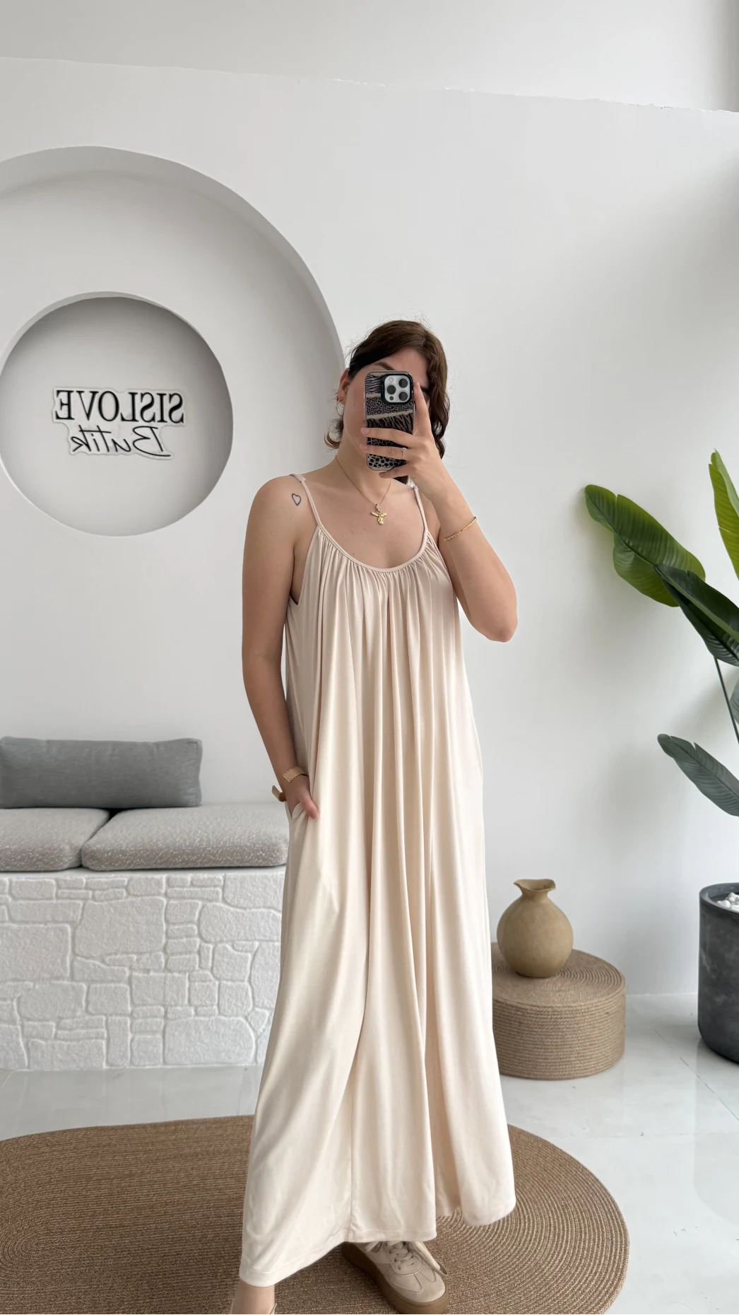 Fast Dökümlü Modal Elbise - Taş - 3224