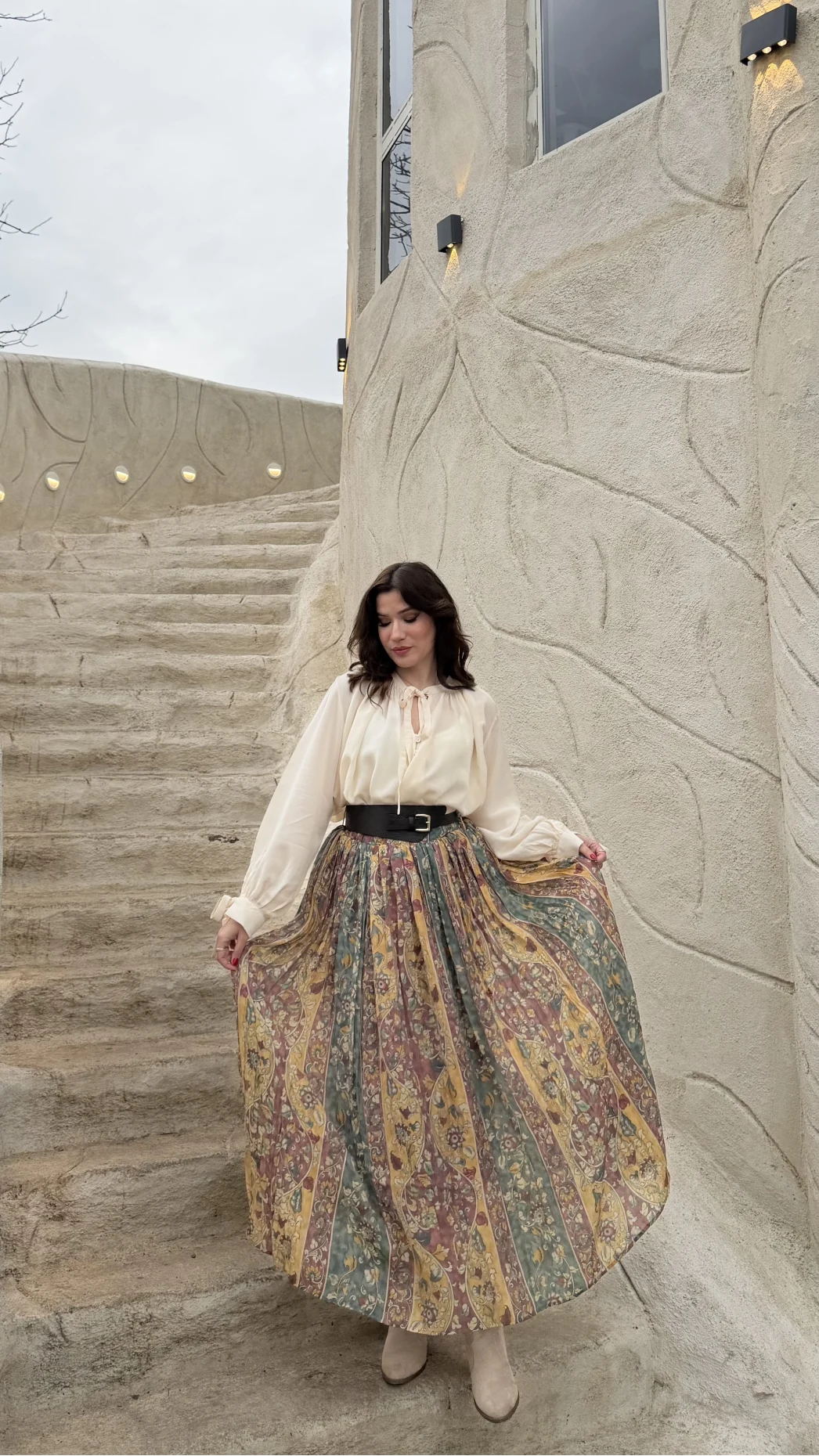 Faylinn Kemerli Baskılı Etek - Yeşil - Kod: 3374