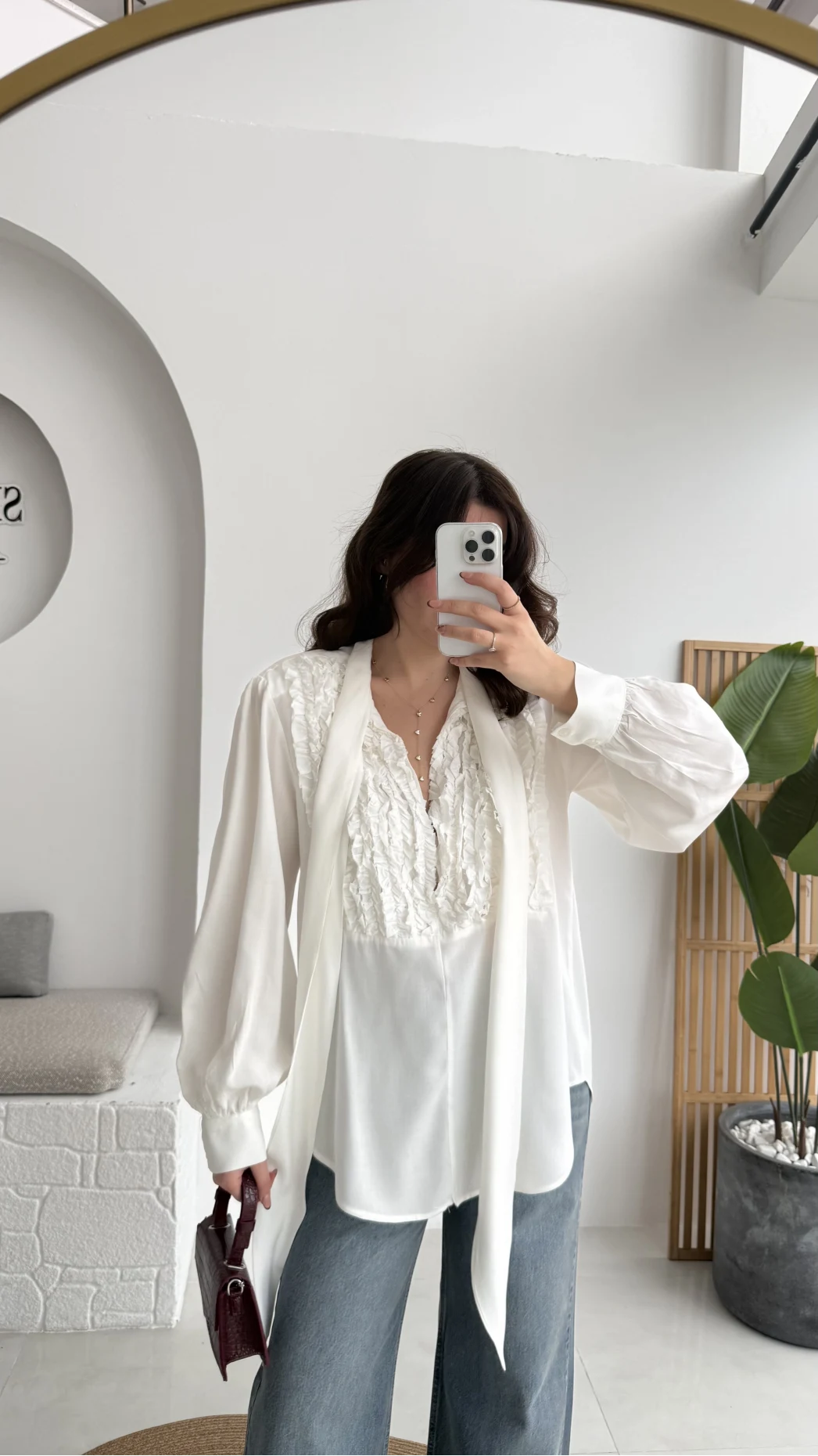 Fırfır Detay Fular Bağlamalı Vatkalı Gömlek - Beyaz - Kod: 112246