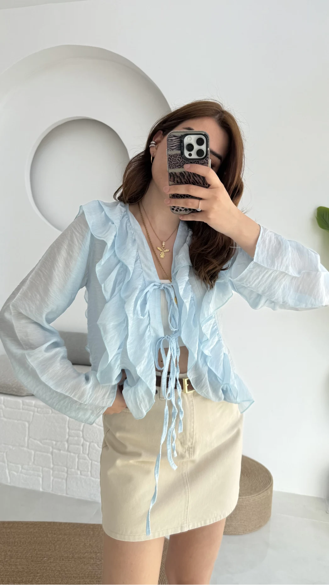 Fırfırlı Bağlamalı Gömlek Mavi