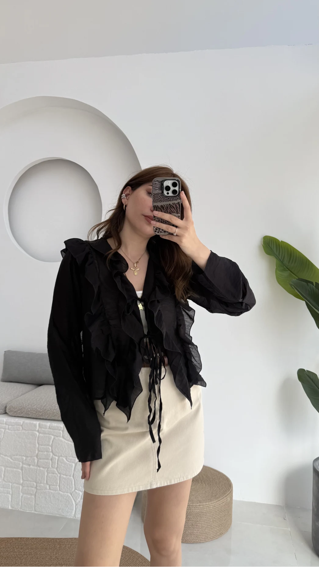 Fırfırlı Bağlamalı Gömlek Siyah