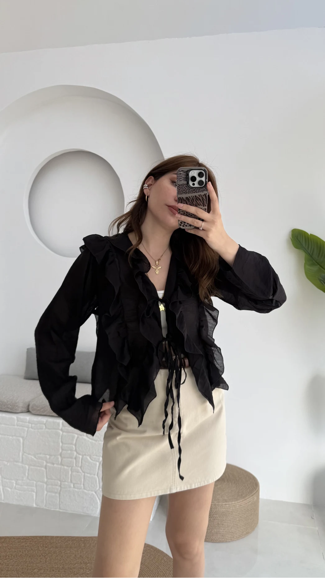 Fırfırlı Bağlamalı Gömlek Siyah