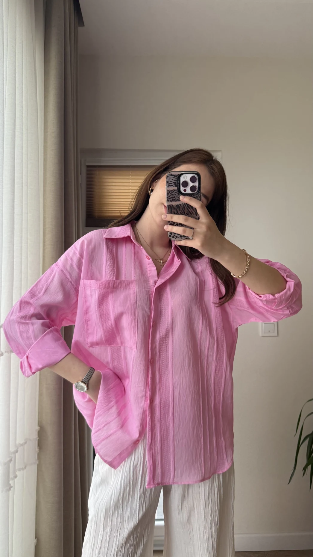 Firla Çizgi Desen Gömlek Pembe