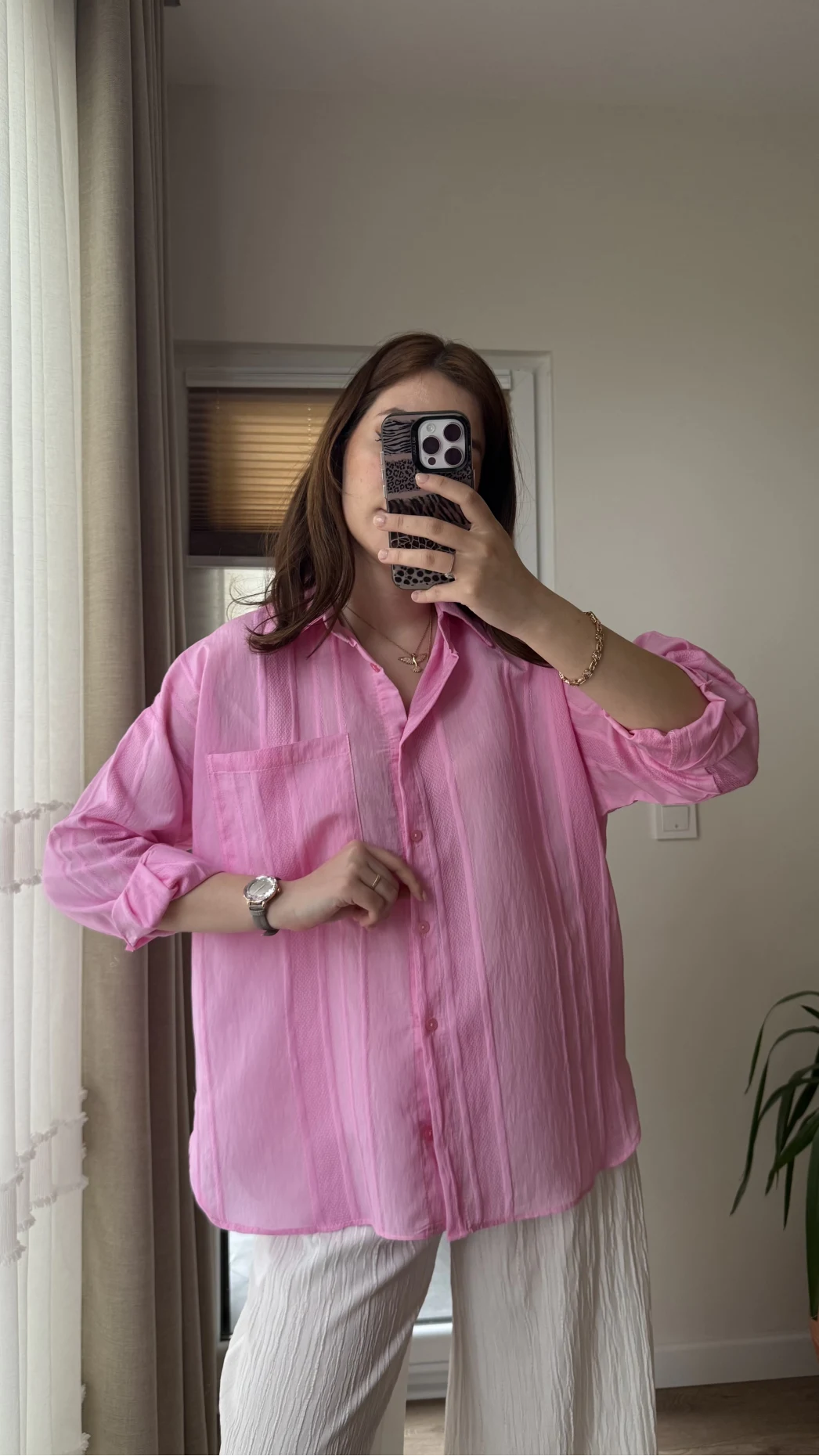 Firla Çizgi Desen Gömlek Pembe