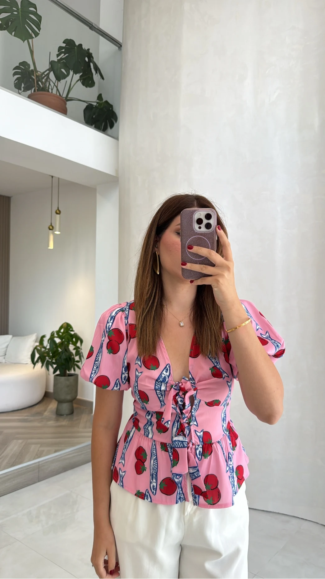 Fiyonklu Desenli Bluz - Pembe - Kod: 3285
