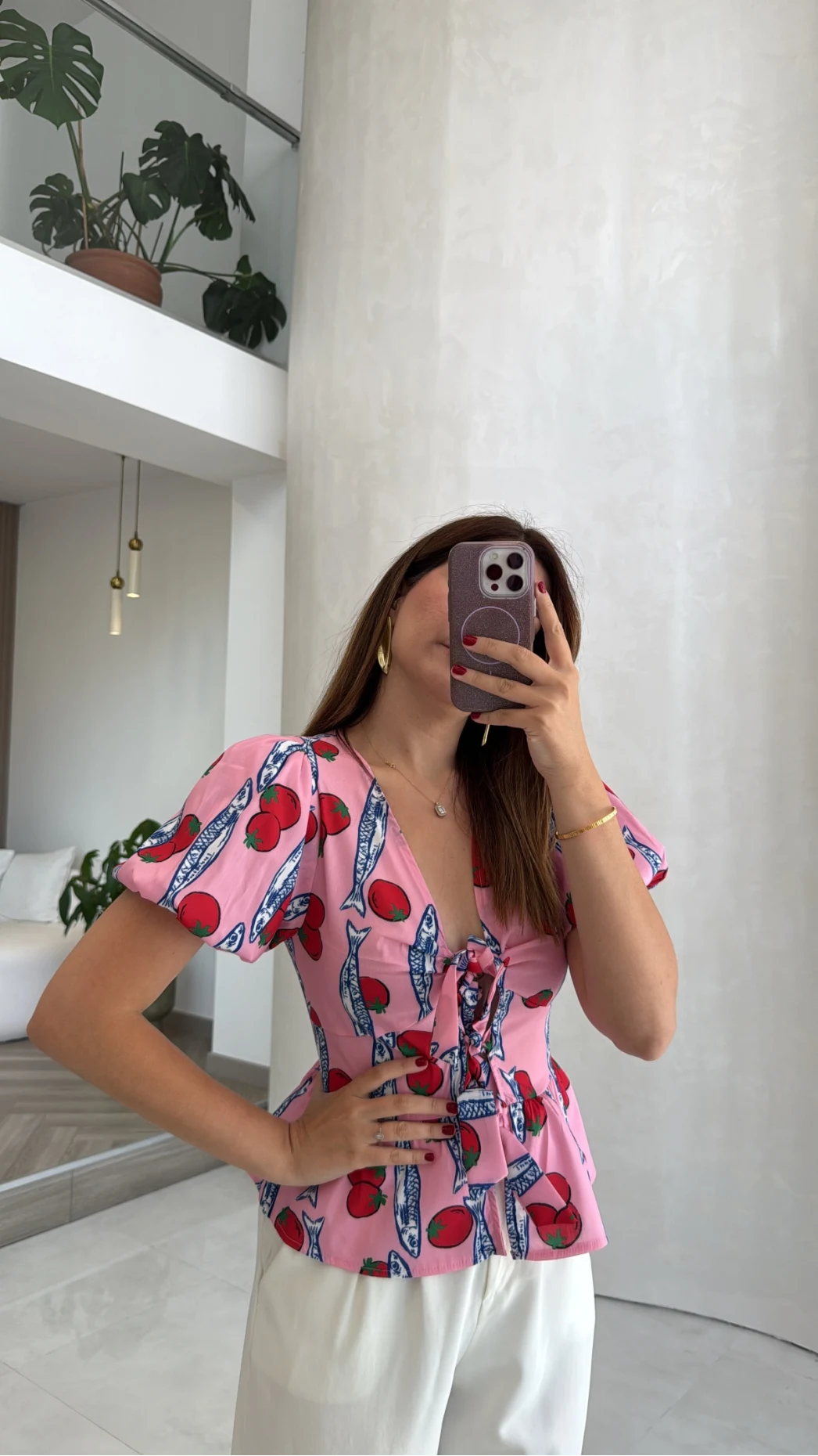 Fiyonklu Desenli Bluz - Pembe - Kod: 3285