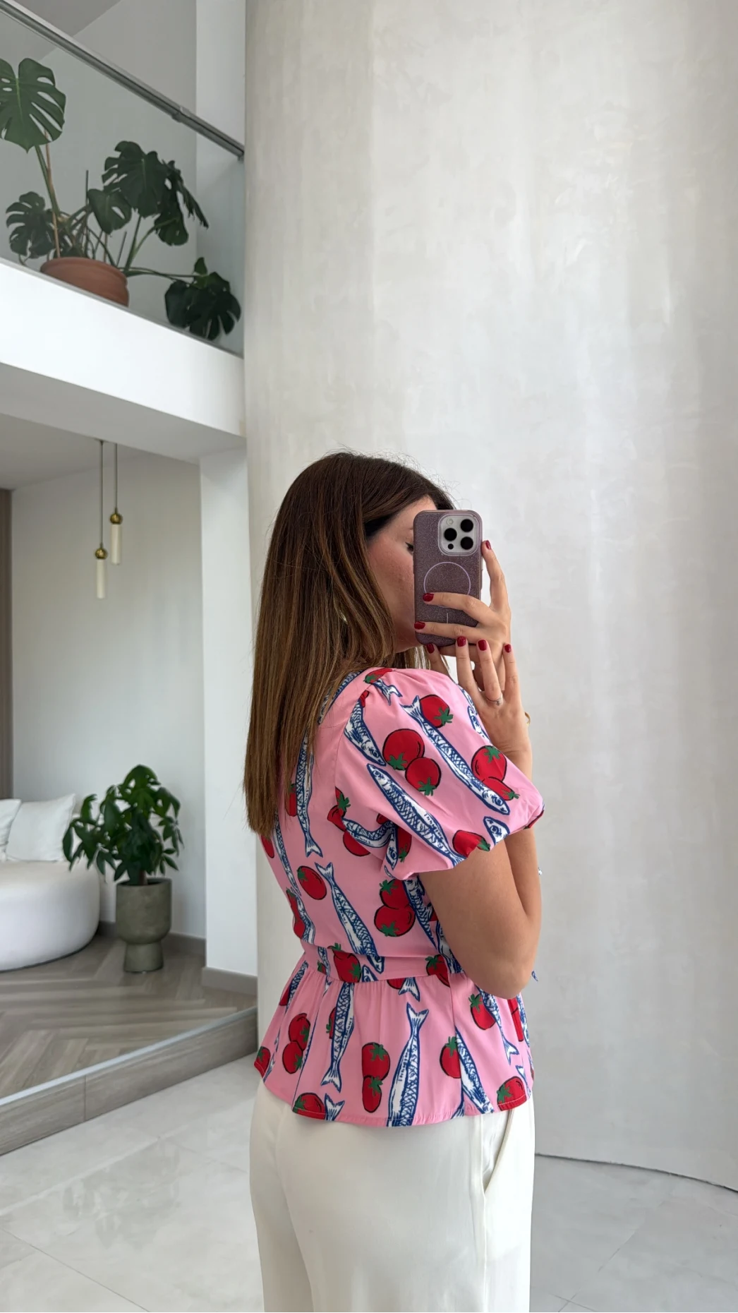 Fiyonklu Desenli Bluz - Pembe - Kod: 3285