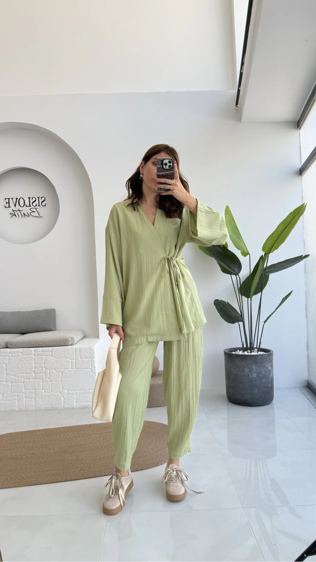 Flamin Yandan Bağlamalı Kimono Şalvar Takım - Yeşil - 8019