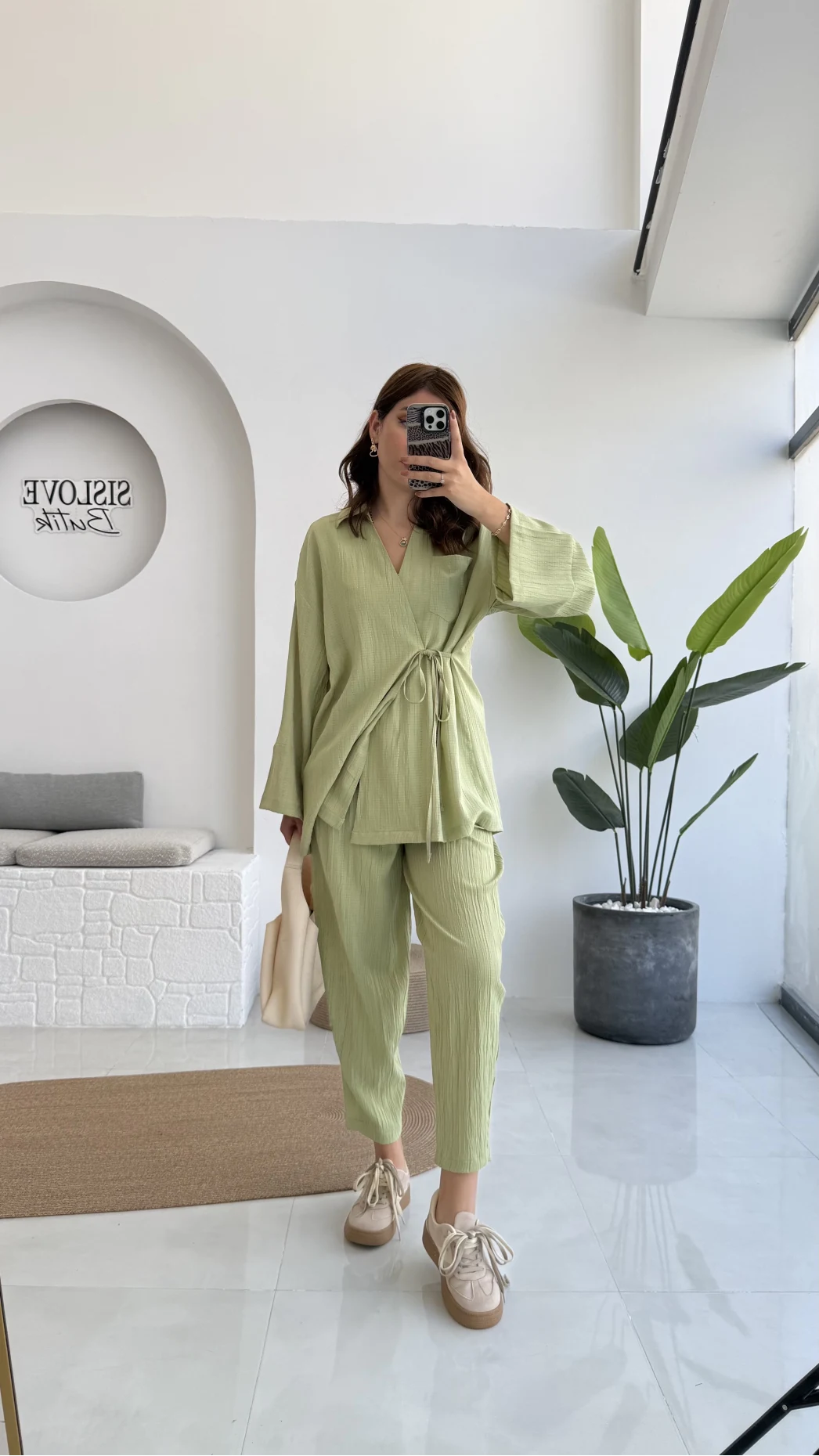 Flamin Yandan Bağlamalı Kimono Şalvar Takım - Yeşil - 8019