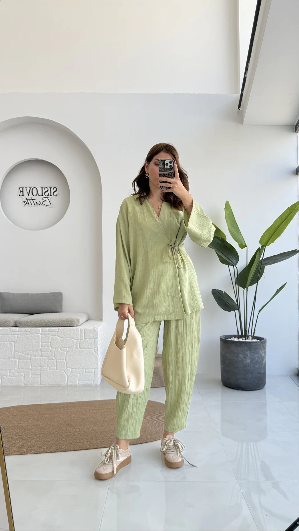 Flamin Yandan Bağlamalı Kimono Şalvar Takım - Yeşil - 8019