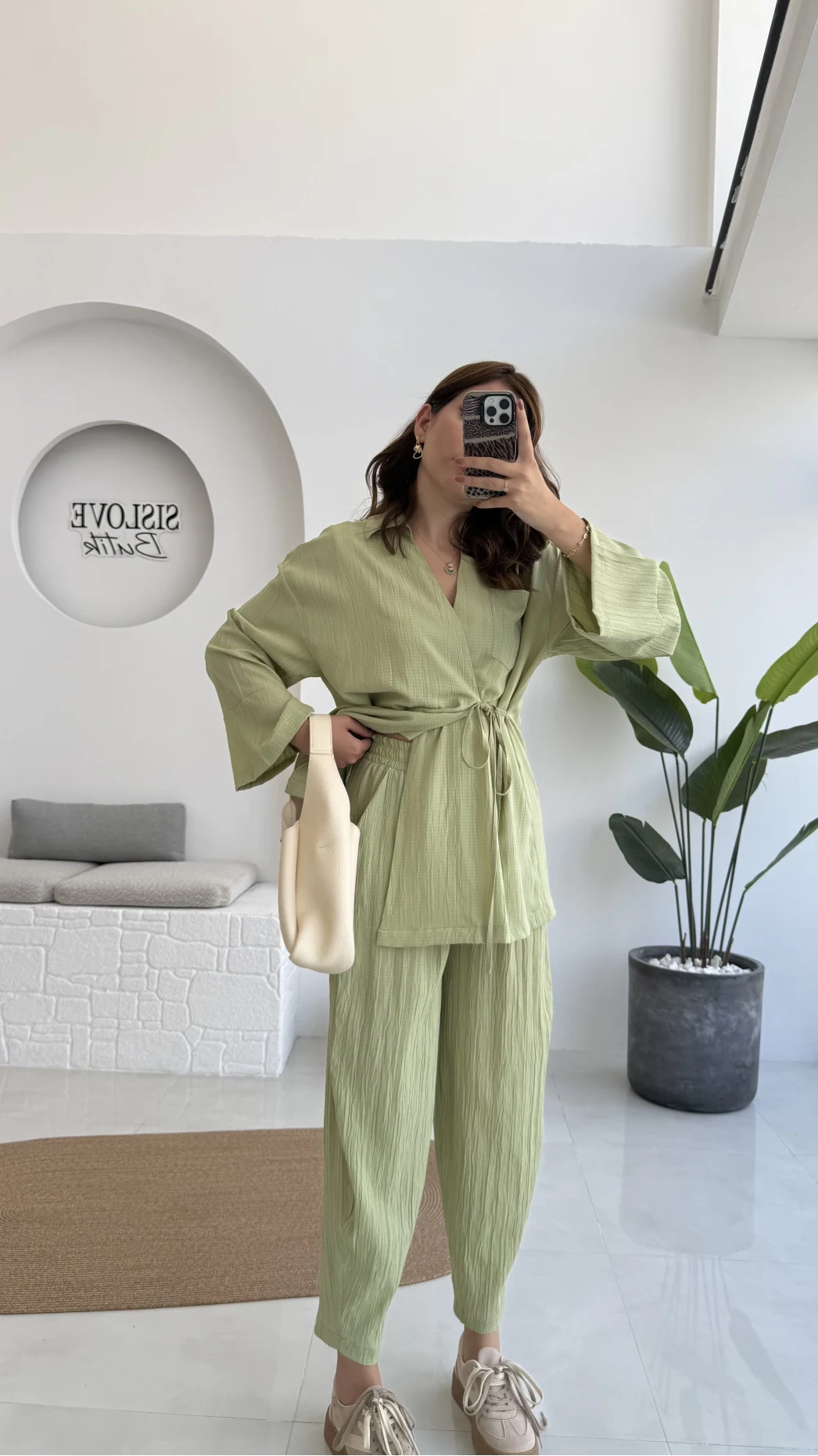 Flamin Yandan Bağlamalı Kimono Şalvar Takım - Yeşil - 8019