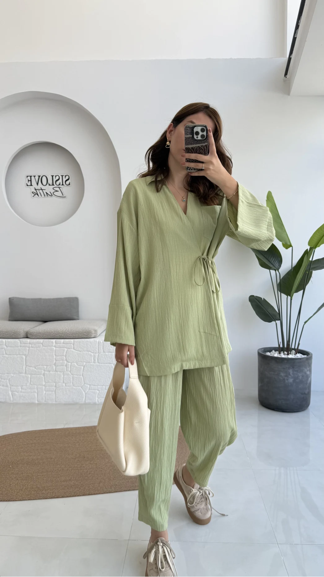 Flamin Yandan Bağlamalı Kimono Şalvar Takım - Yeşil - 8019