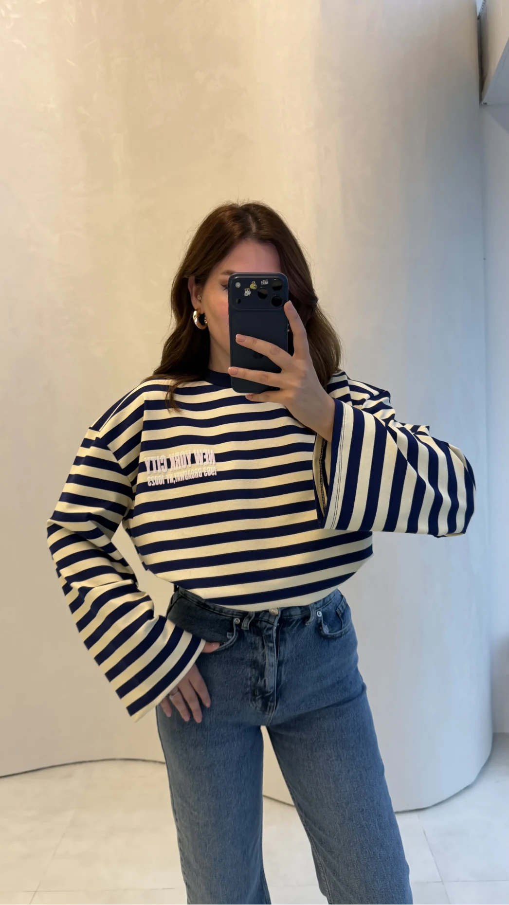 Flex Çizgili Baskı Detay Sweatshirt - Lacivert - Kod: 1130