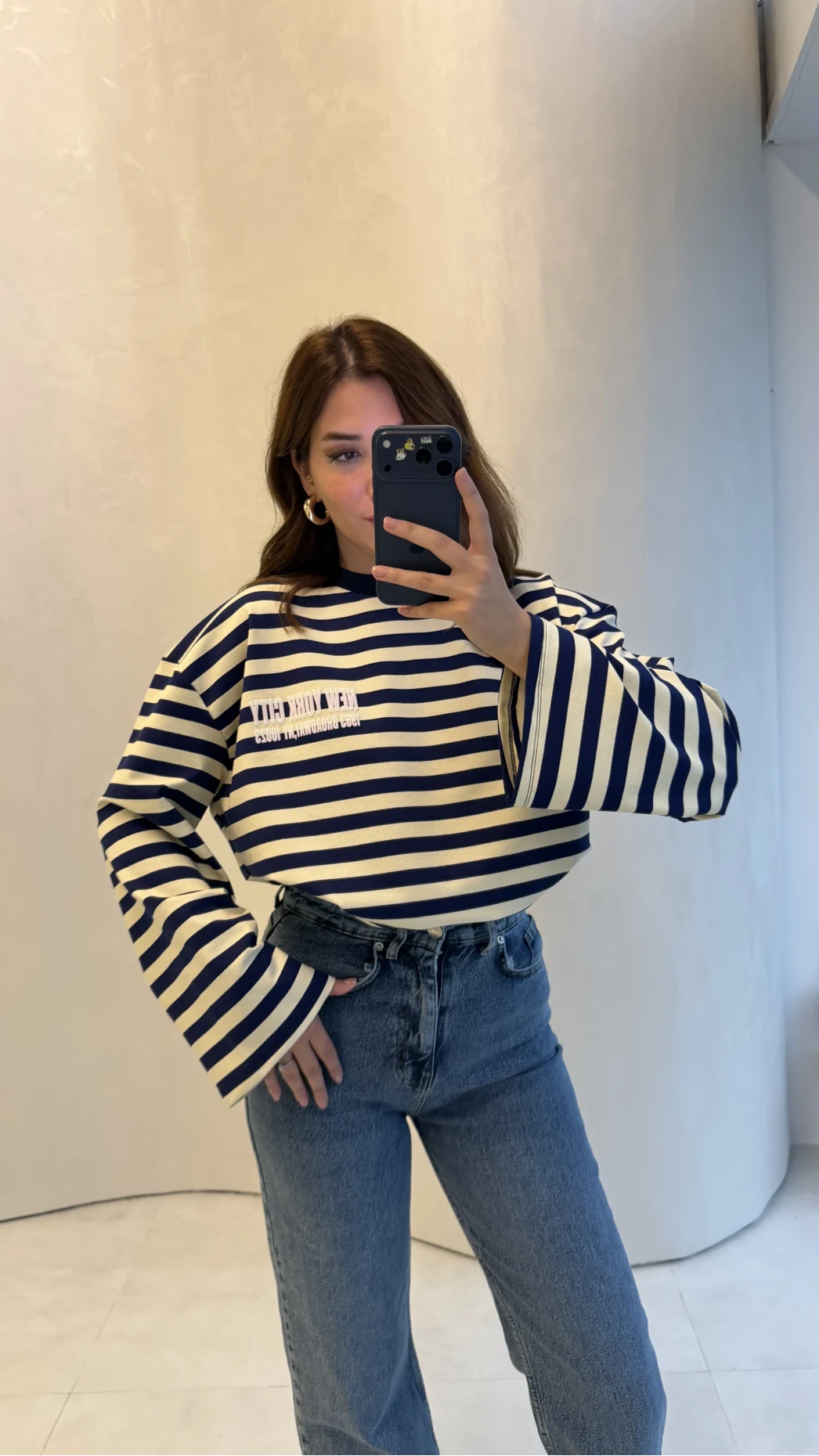 Flex Çizgili Baskı Detay Sweatshirt - Lacivert - Kod: 1130