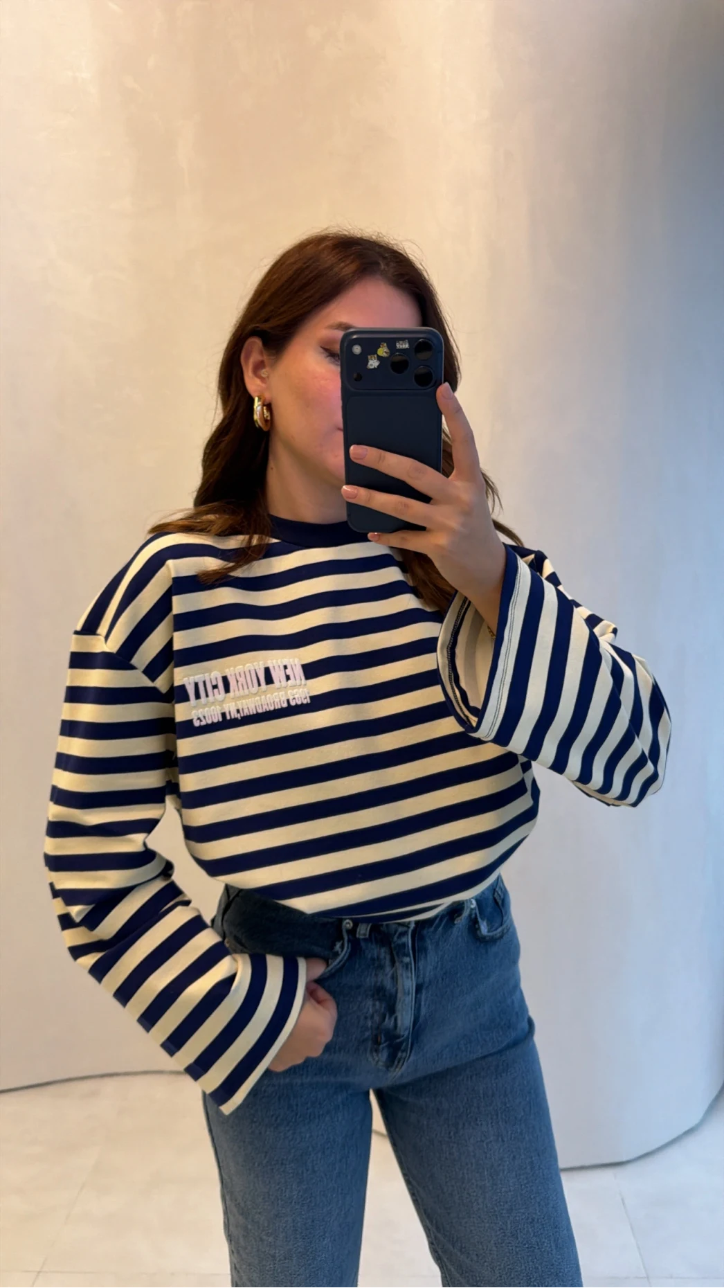 Flex Çizgili Baskı Detay Sweatshirt - Lacivert - Kod: 1130