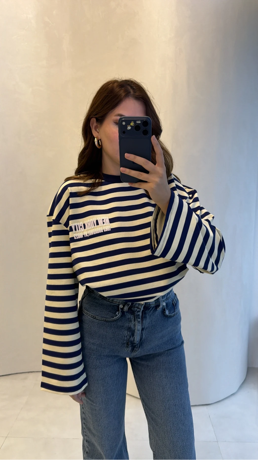 Flex Çizgili Baskı Detay Sweatshirt - Lacivert - Kod: 1130