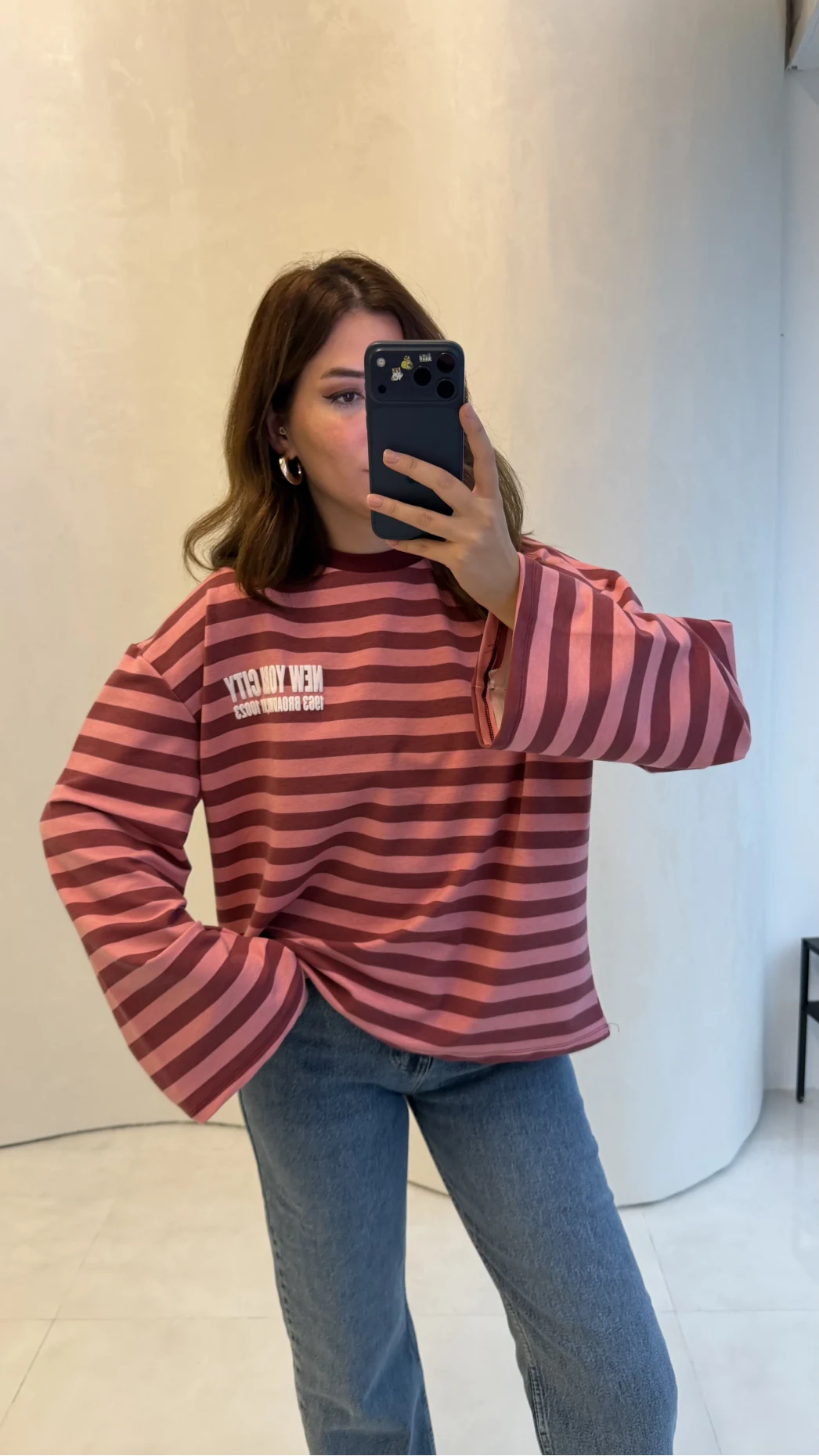 Flex Çizgili Baskı Detay Sweatshirt - Pembe - Kod: 1130