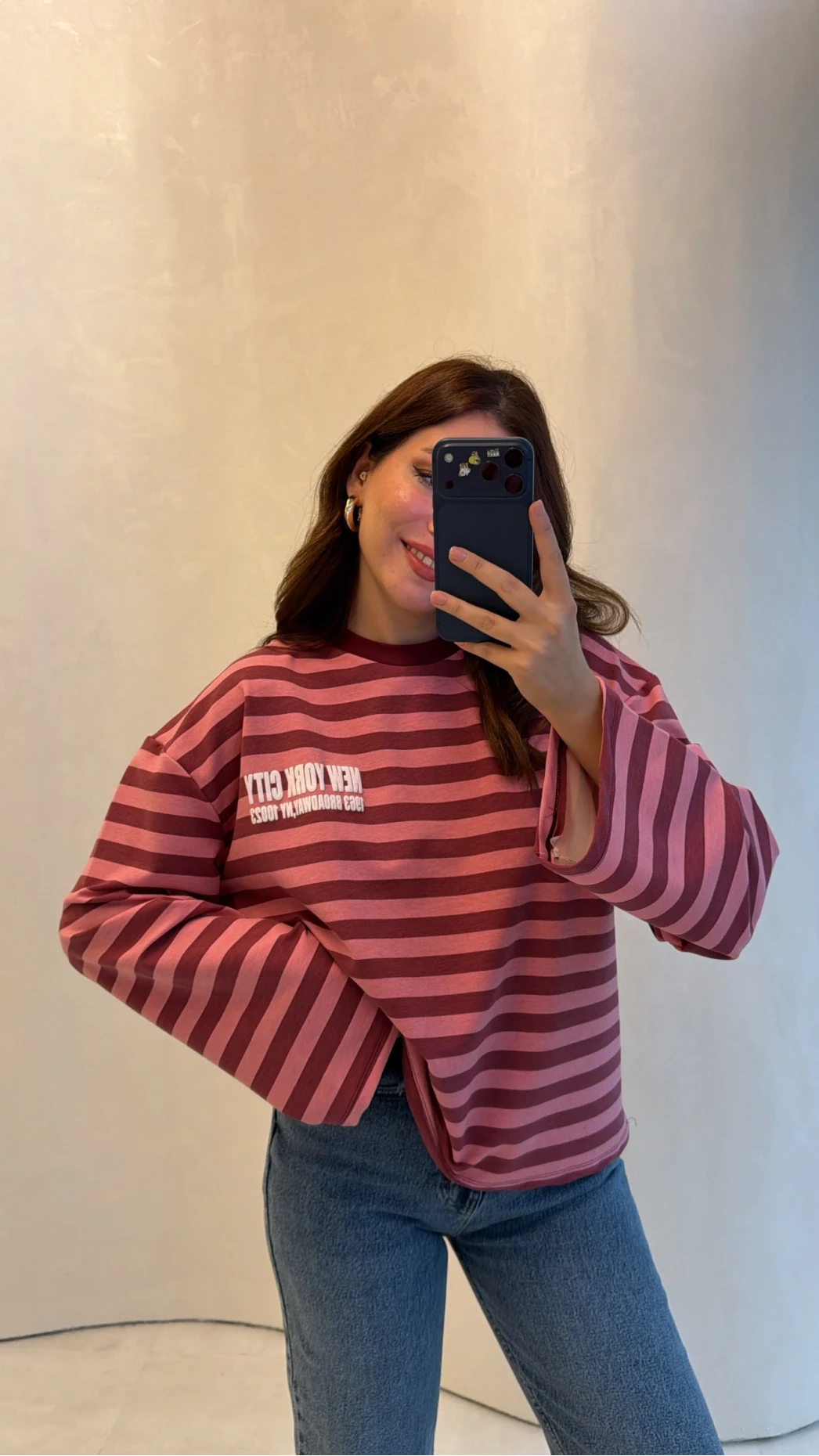 Flex Çizgili Baskı Detay Sweatshirt - Pembe - Kod: 1130