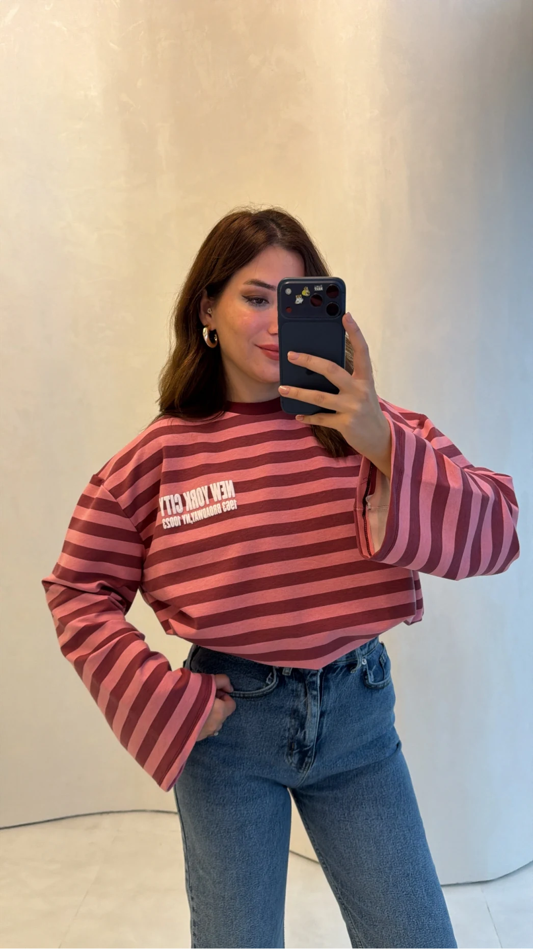 Flex Çizgili Baskı Detay Sweatshirt - Pembe - Kod: 1130