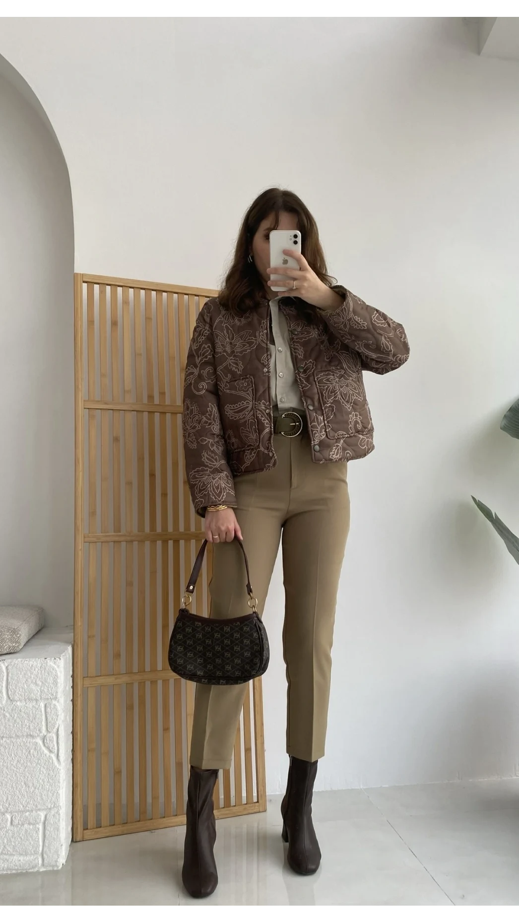 Floral Kapitone Ceket - Haki