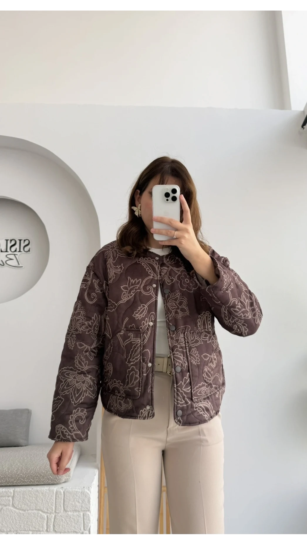 Floral Kapitone Ceket - Kahverengi