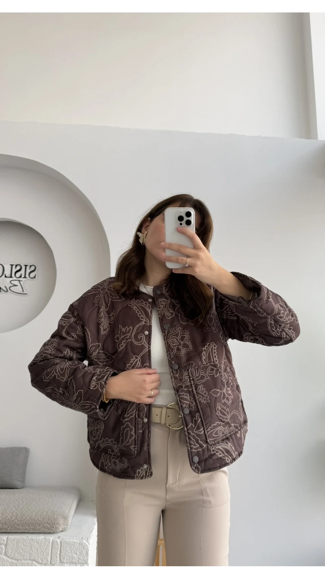 Floral Kapitone Ceket - Kahverengi