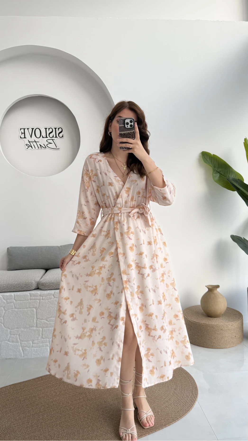 Forrest - Çiçek Detaylı Astarlı Elbise - Bej - 3039