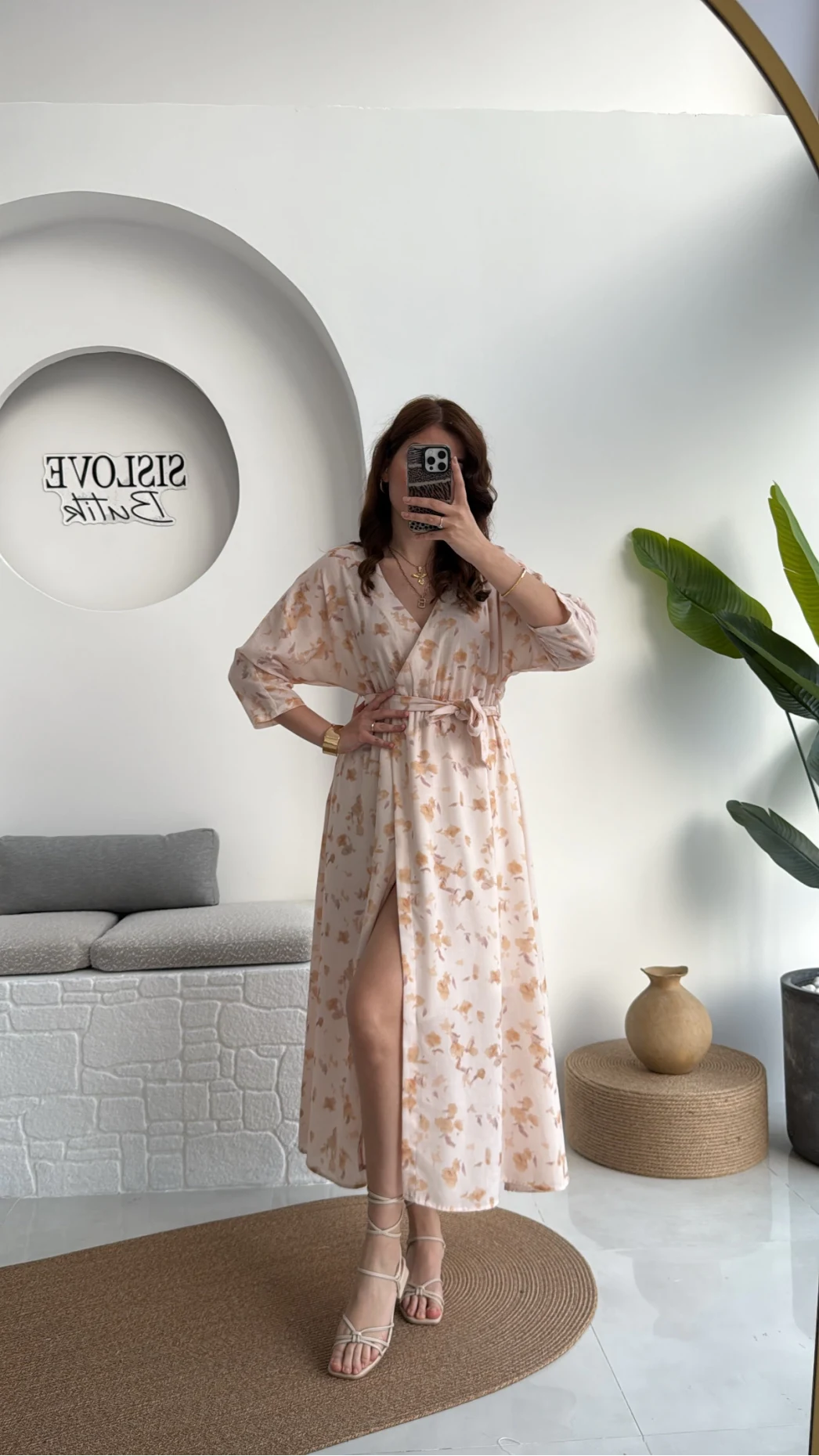 Forrest - Çiçek Detaylı Astarlı Elbise - Bej - 3039