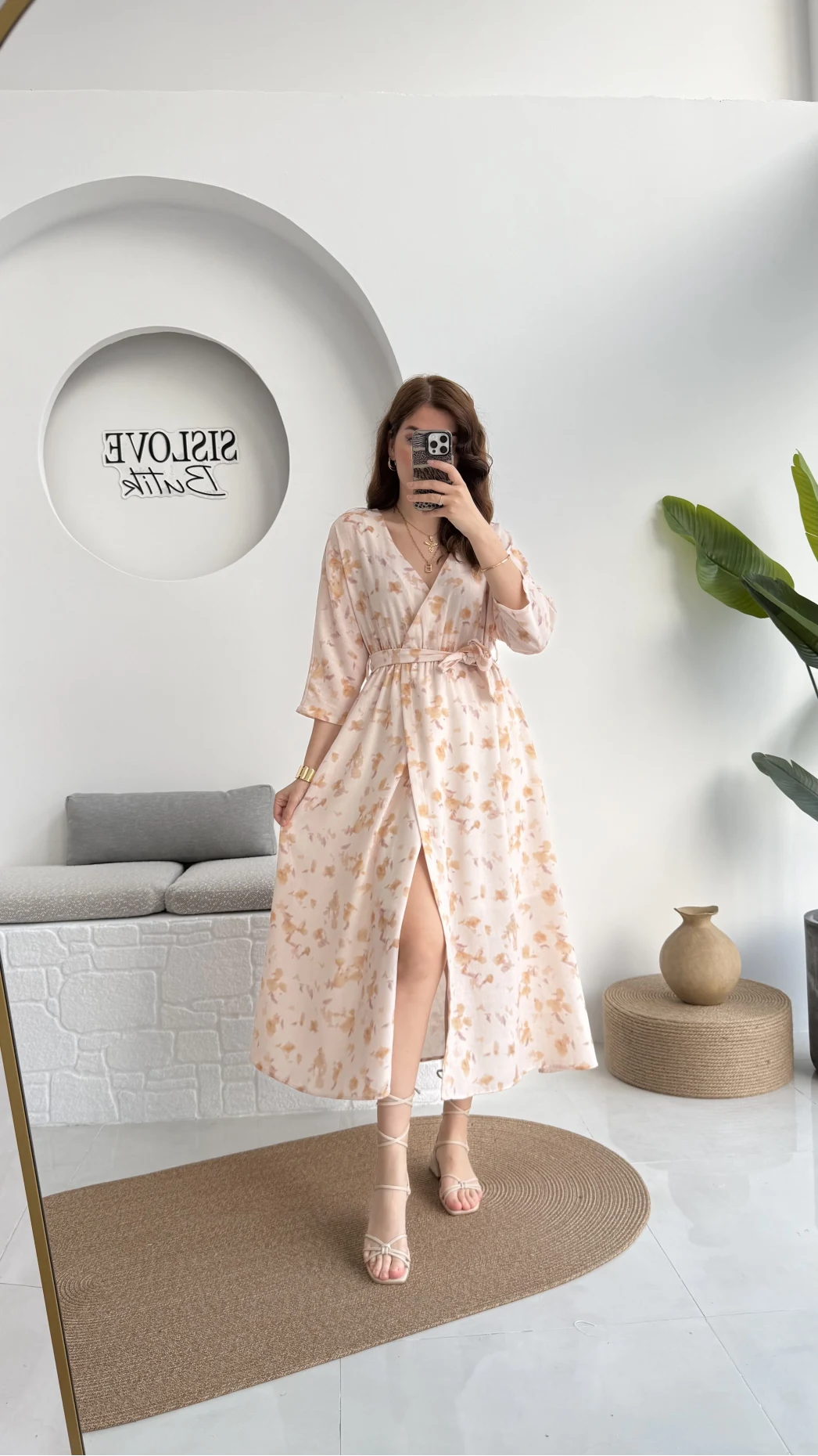 Forrest - Çiçek Detaylı Astarlı Elbise - Bej - 3039