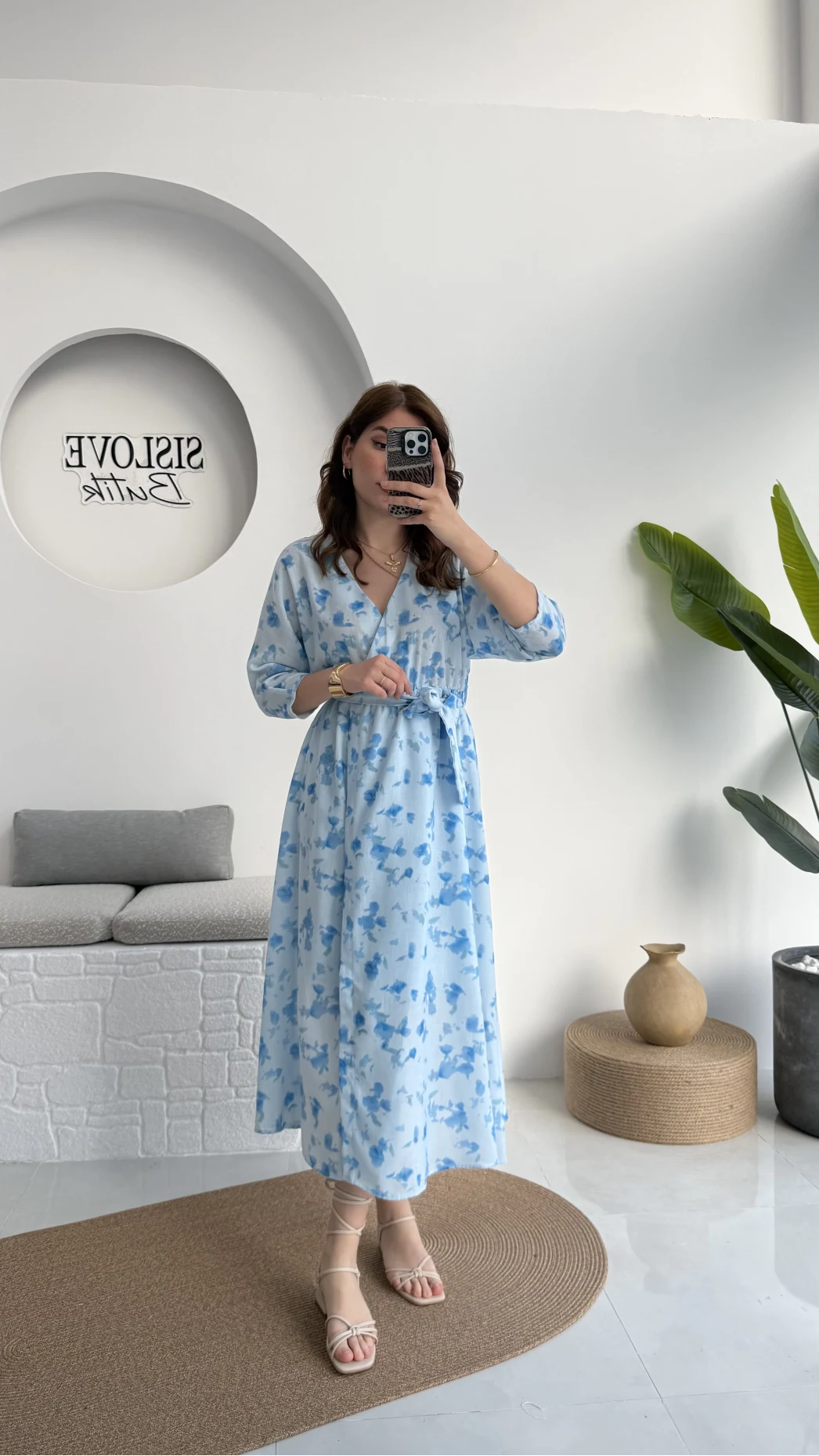 Forrest - Çiçek Detaylı Astarlı Elbise - Mavi - 3039