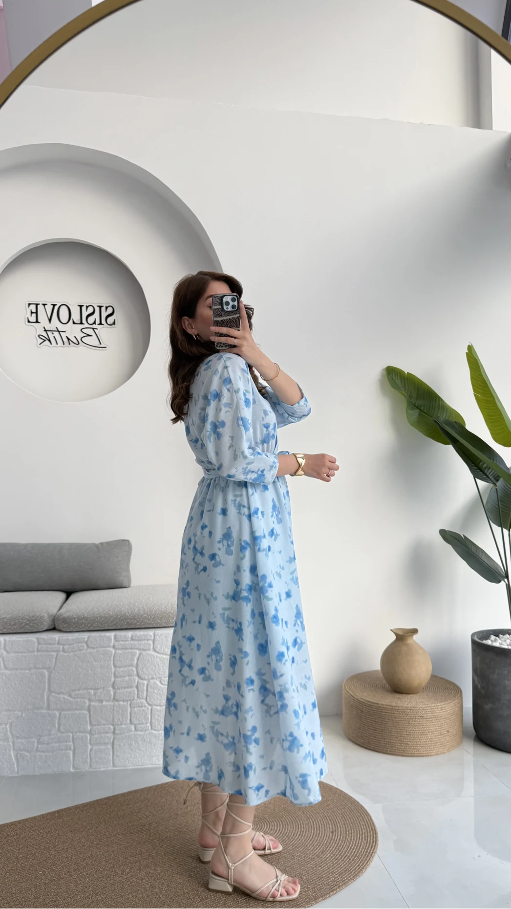 Forrest - Çiçek Detaylı Astarlı Elbise - Mavi - 3039