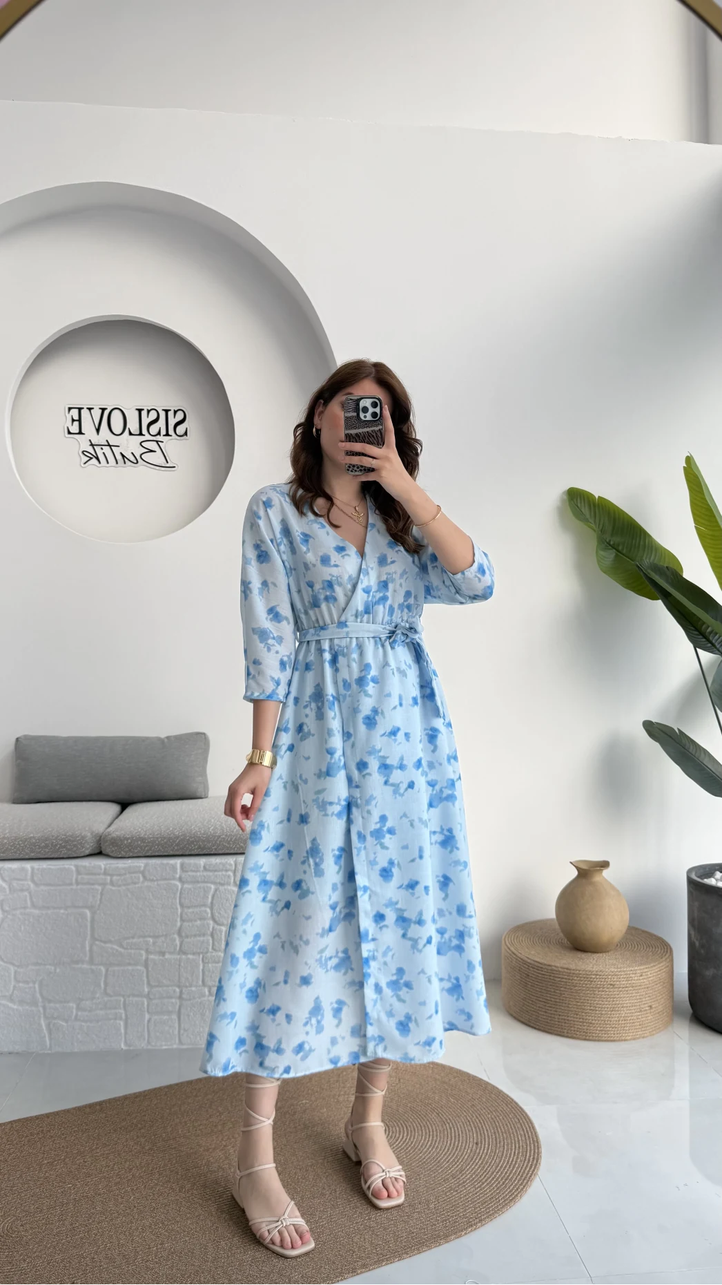 Forrest - Çiçek Detaylı Astarlı Elbise - Mavi - 3039