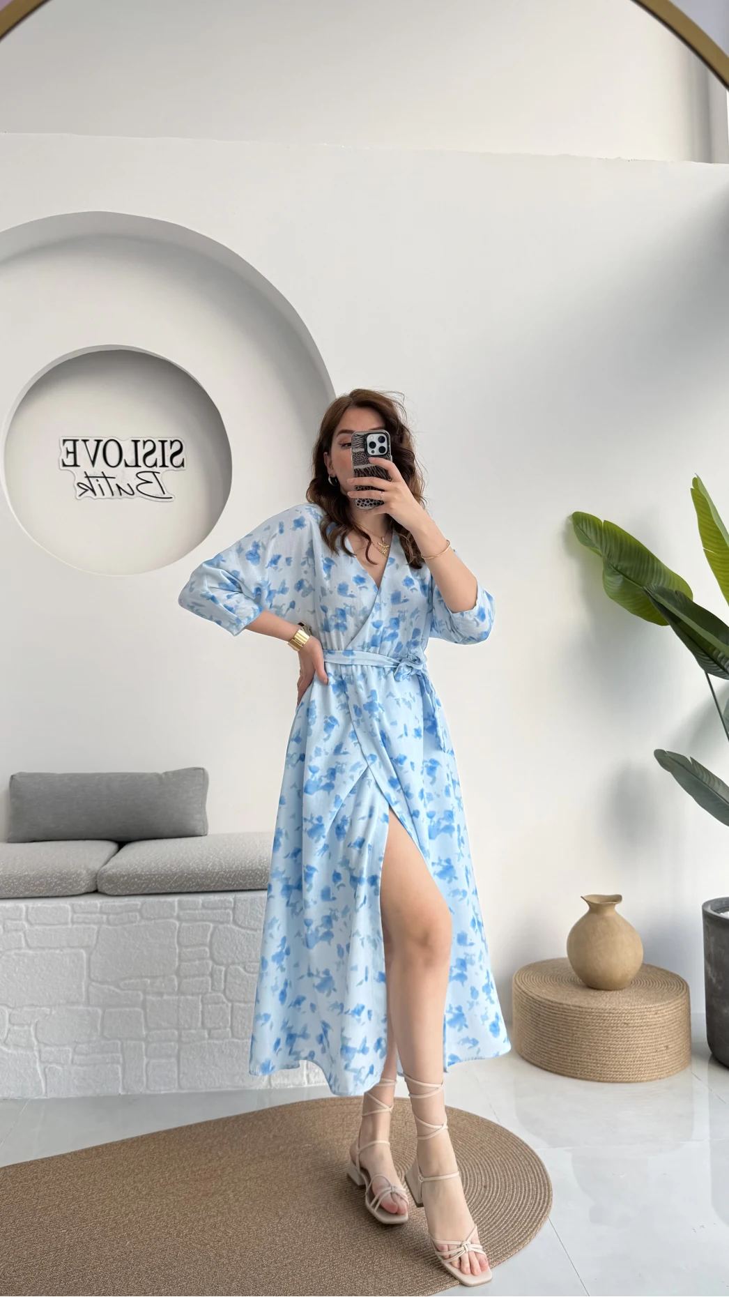 Forrest - Çiçek Detaylı Astarlı Elbise - Mavi - 3039