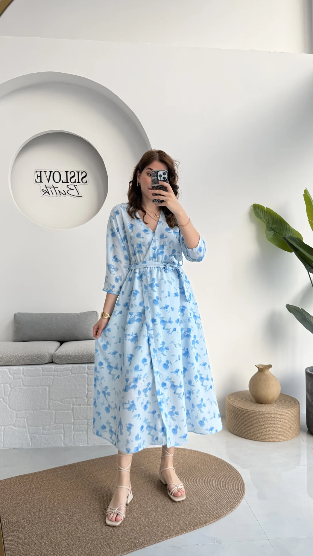 Forrest - Çiçek Detaylı Astarlı Elbise - Mavi - 3039